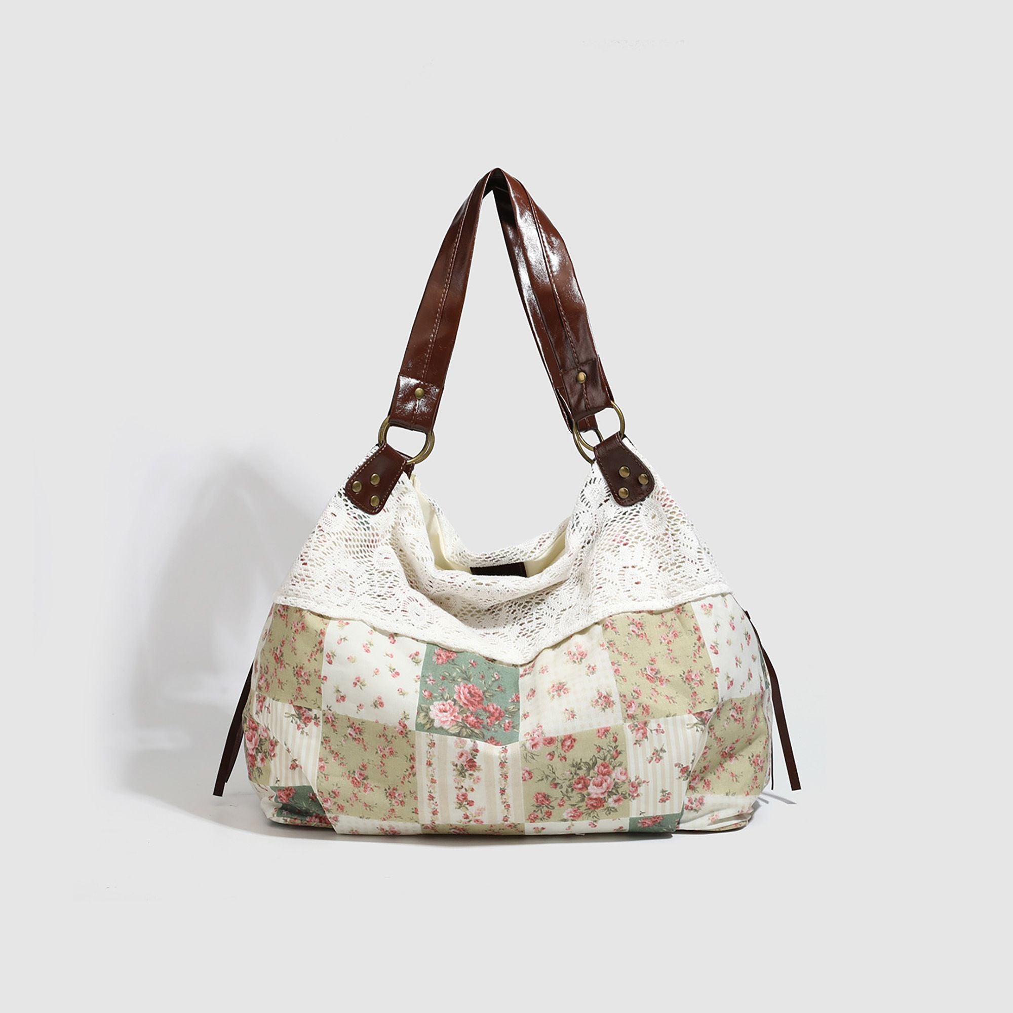 Patchwork Shoulder Bag with Crochet Lace Detail and Faux Leather Straps