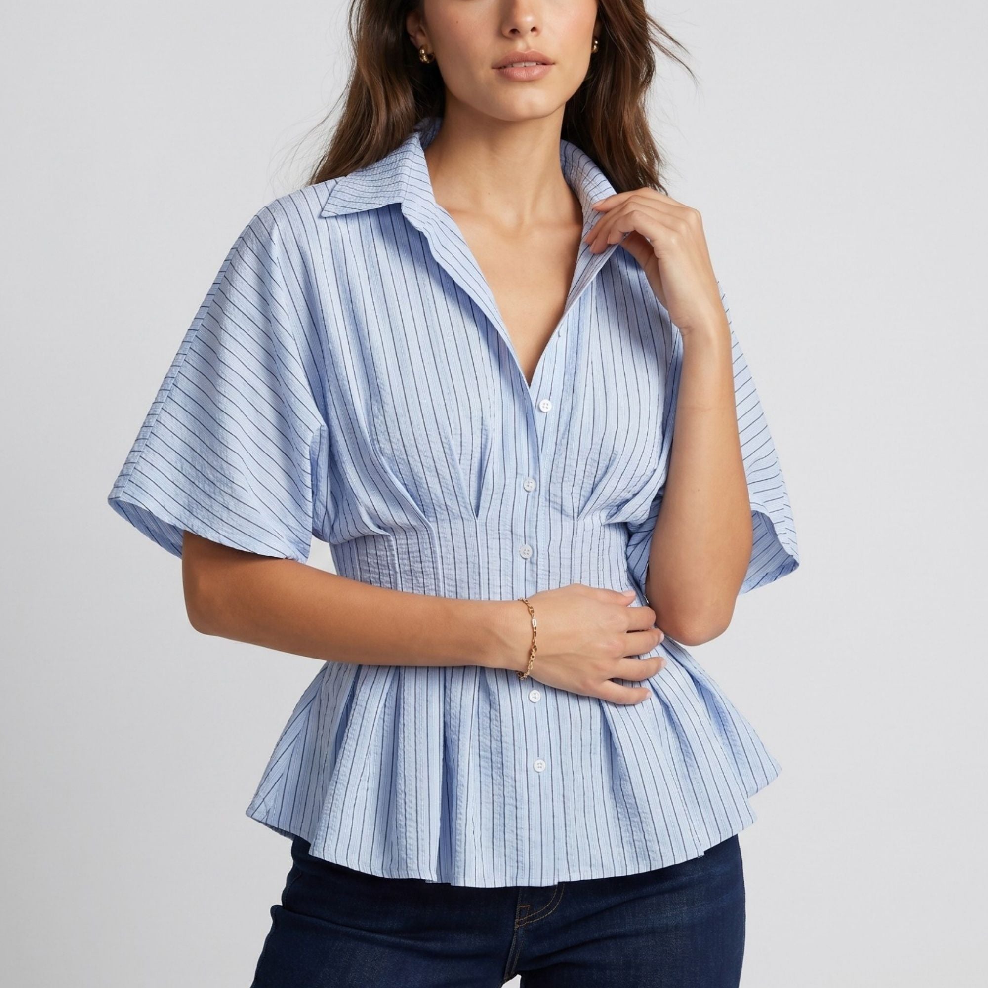 Anna-Kaci Women's Striped Button Front Peplum Blouse with Collared Neck and Pleated Hem