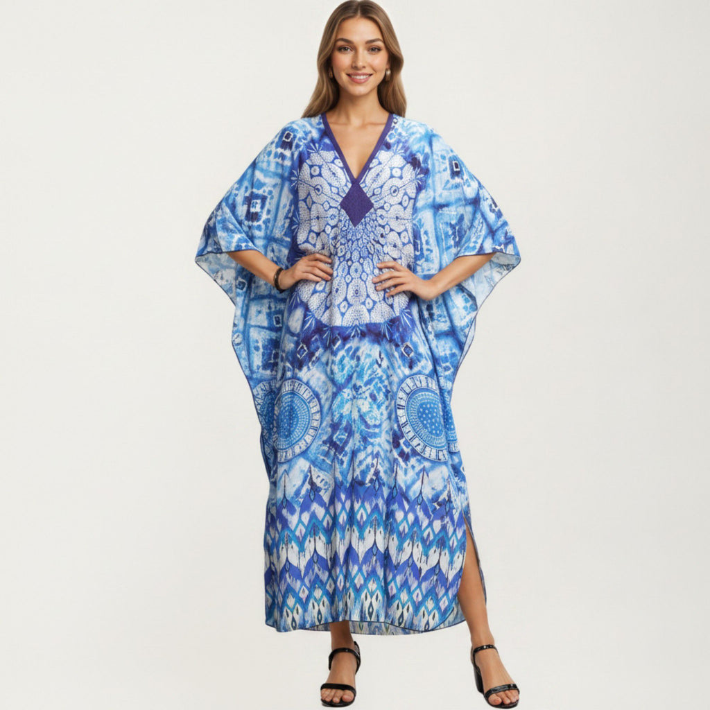 Anna-Kaci Women's Tie Dye Medallion Kaftan Maxi Dress with V-Neckline and Relaxed Flowy Silhouette