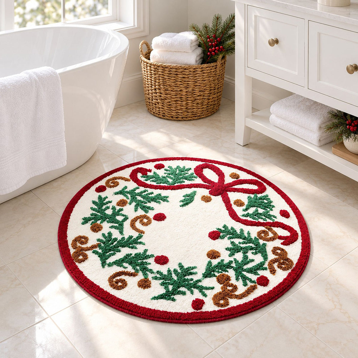 Christmas Snowflake and Wreath Tufted Bath Rug with Nonslip Backing 23.6 in