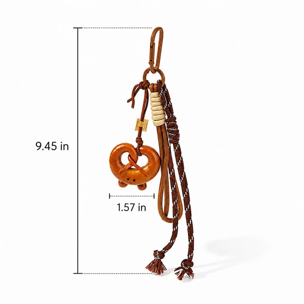 Pretzel Keychain Bag Charm with Brown Cord Tassel Carabiner Clip and Gold Tone Accent