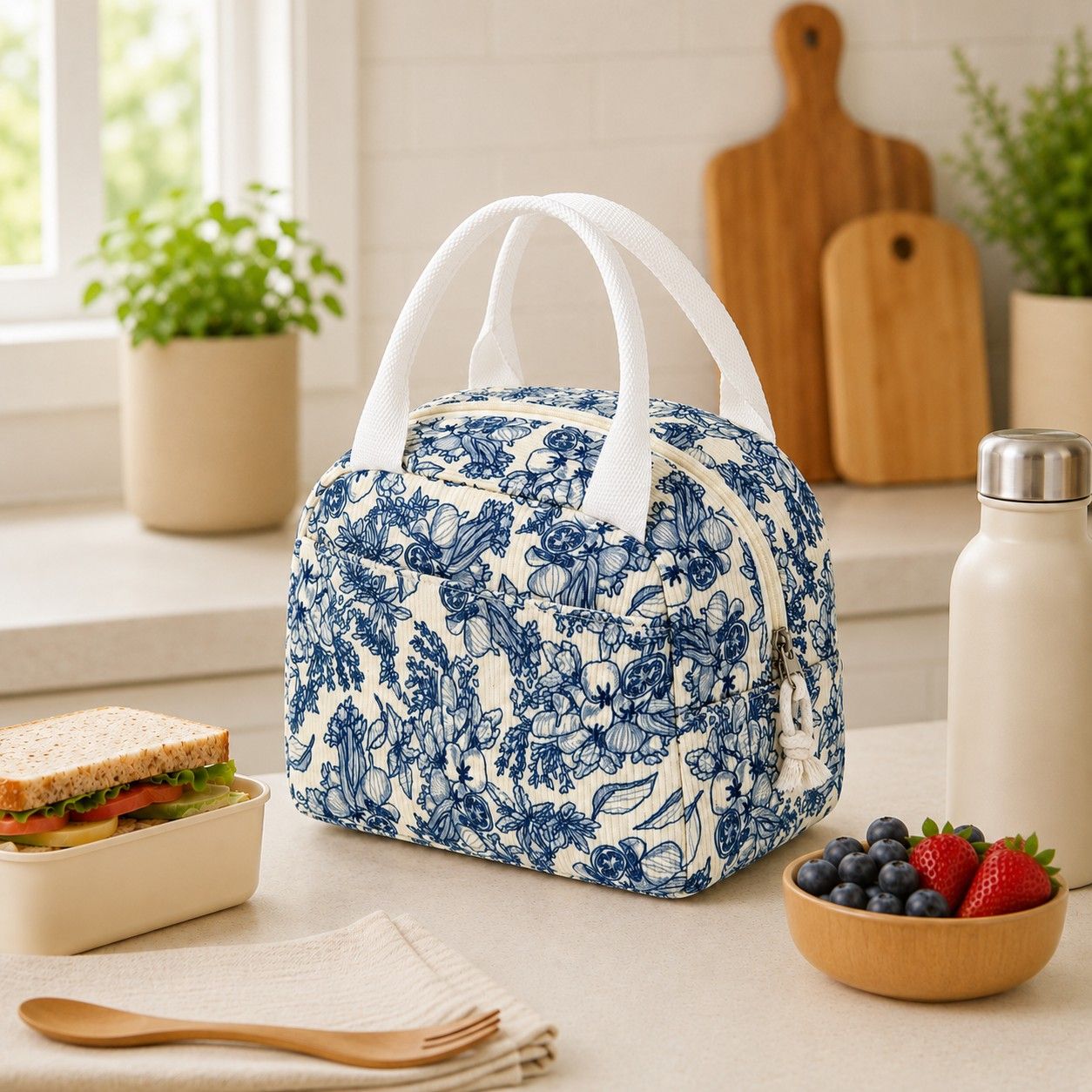 Printed Insulated Lunch Tote Bag with Double Handles and Zip Closure