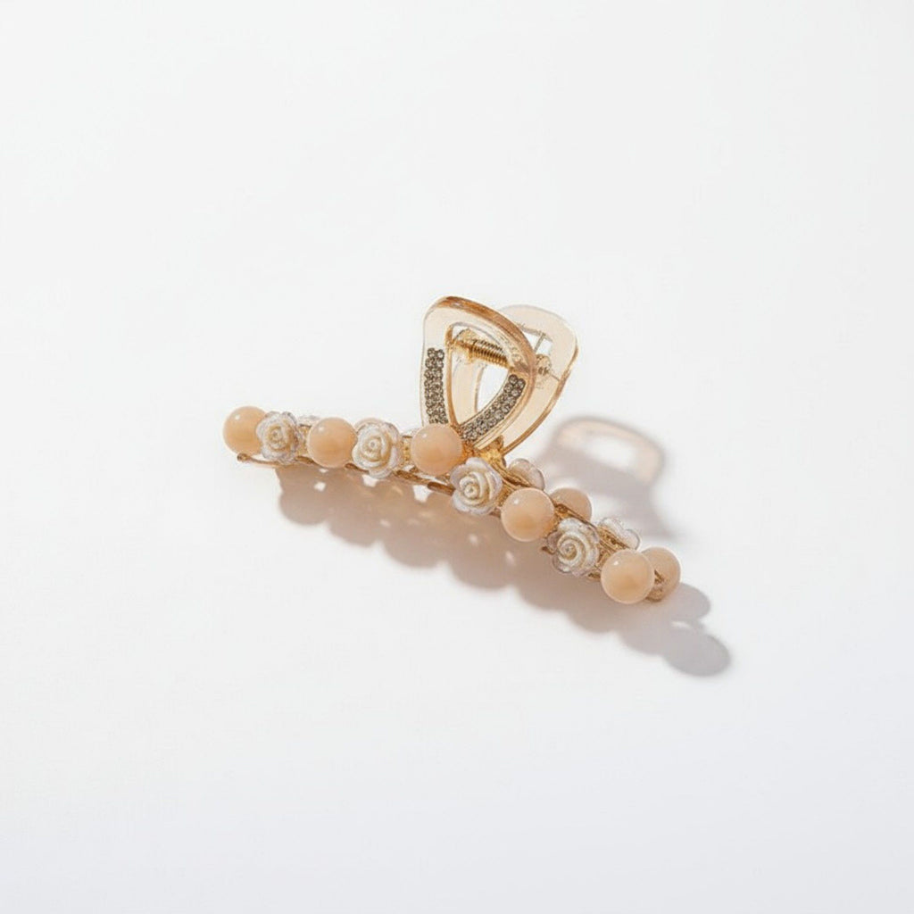 Anna-Kaci Beaded Flower Metal Hair Claw Clip with Curved Design and Textured Accents
