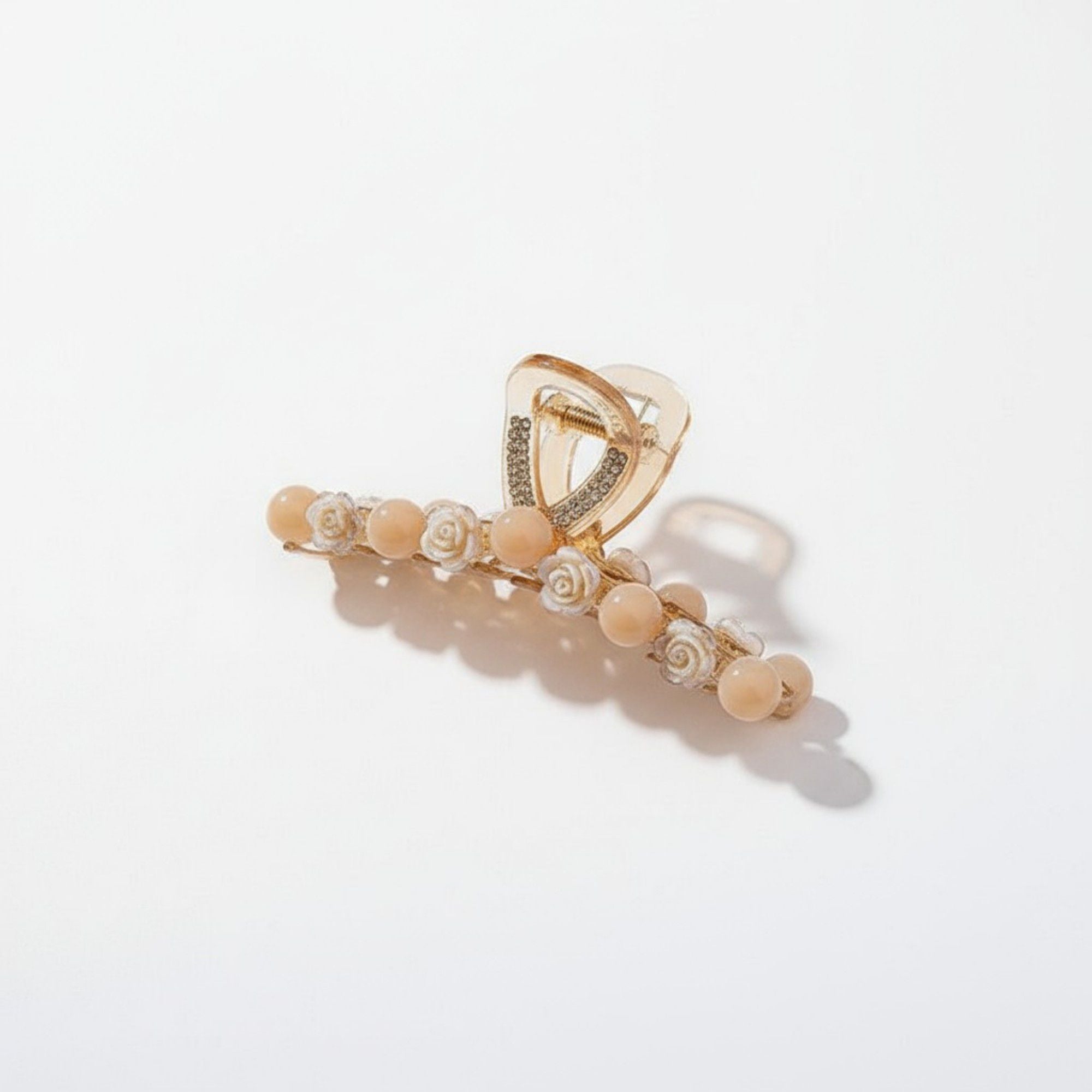 Beaded Flower Metal Hair Claw Clip with Curved Design and Textured Accents