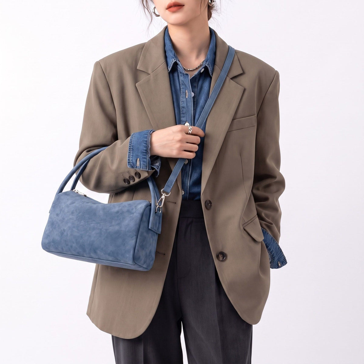 Faux Suede Handbag with Detachable Crossbody Strap and Zipper Closure