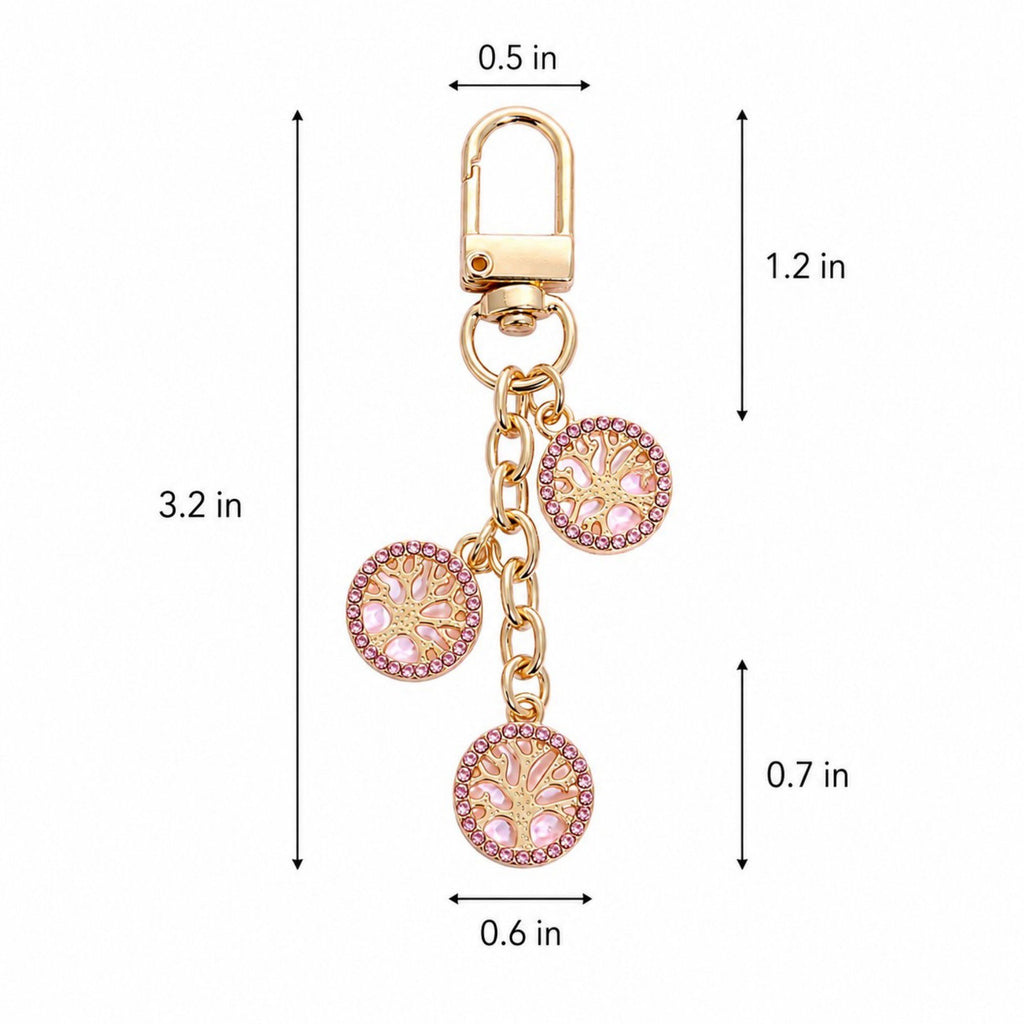 3pc Tree Medallion Keychain Bag Charm with Rhinestone Trim Gold Tone Chain and Clip