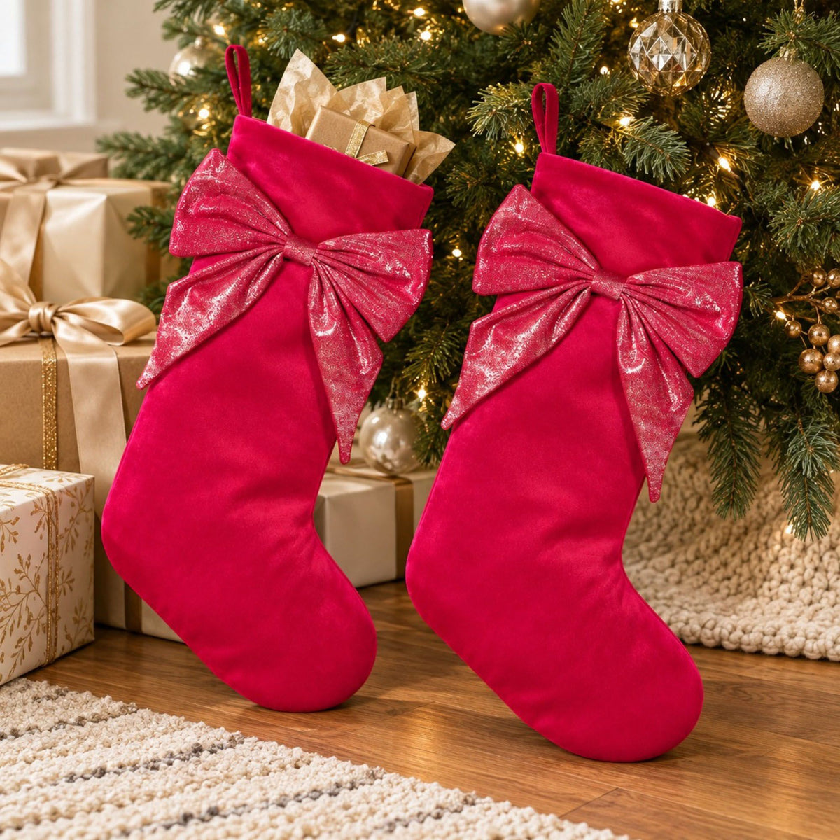 2 Pack 18 Inch Christmas Stockings with Oversized Bow Hanging Loop Holiday Mantel Decor