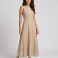 Sleeveless Round Neck Panel Seam Maxi Dress with Fitted Bodice Flowy A-Line Skirt and Soft Woven Drape