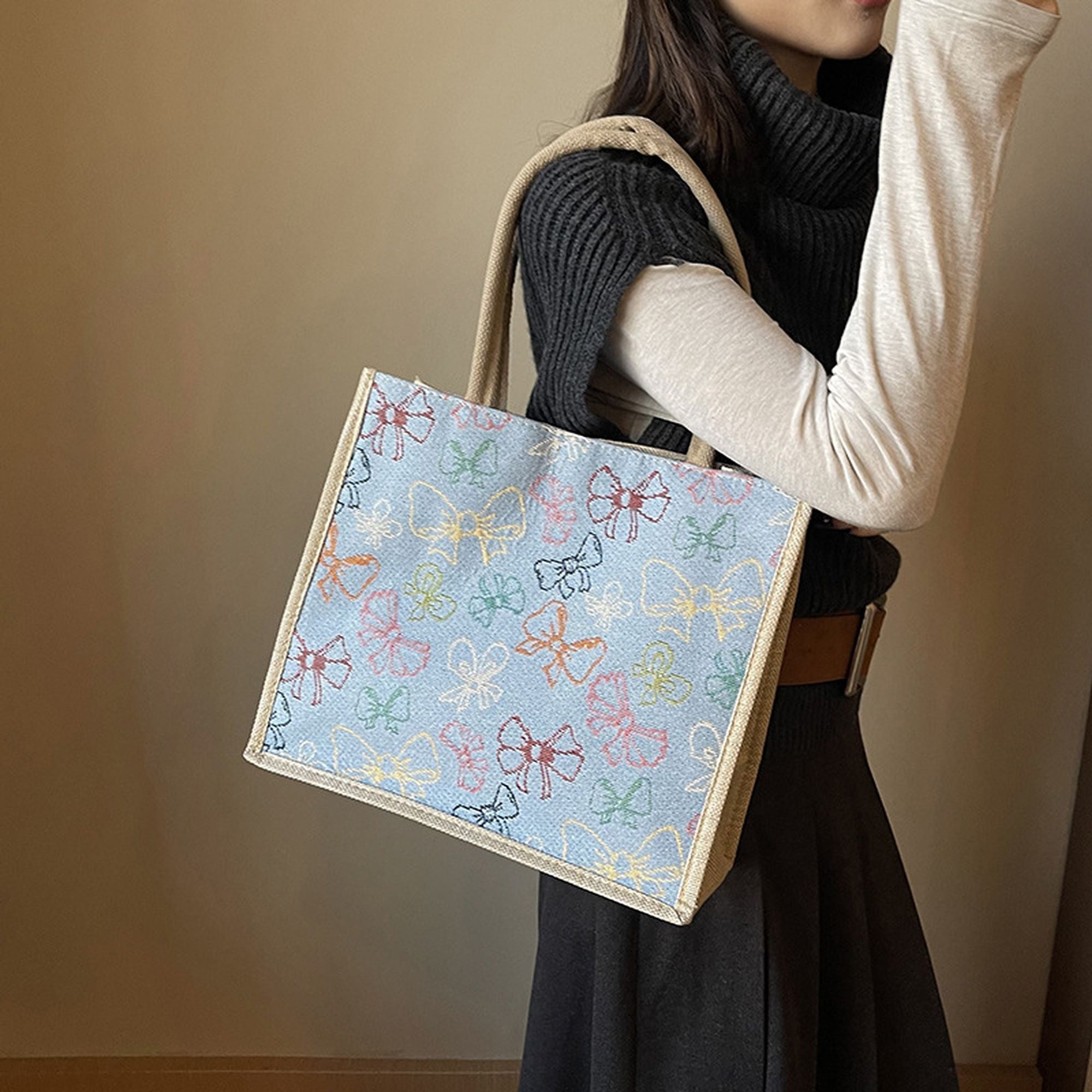 Anna-Kaci Women's Canvas Tote Bag with Colorful Bow Print - Lightweight Shopping Handbag