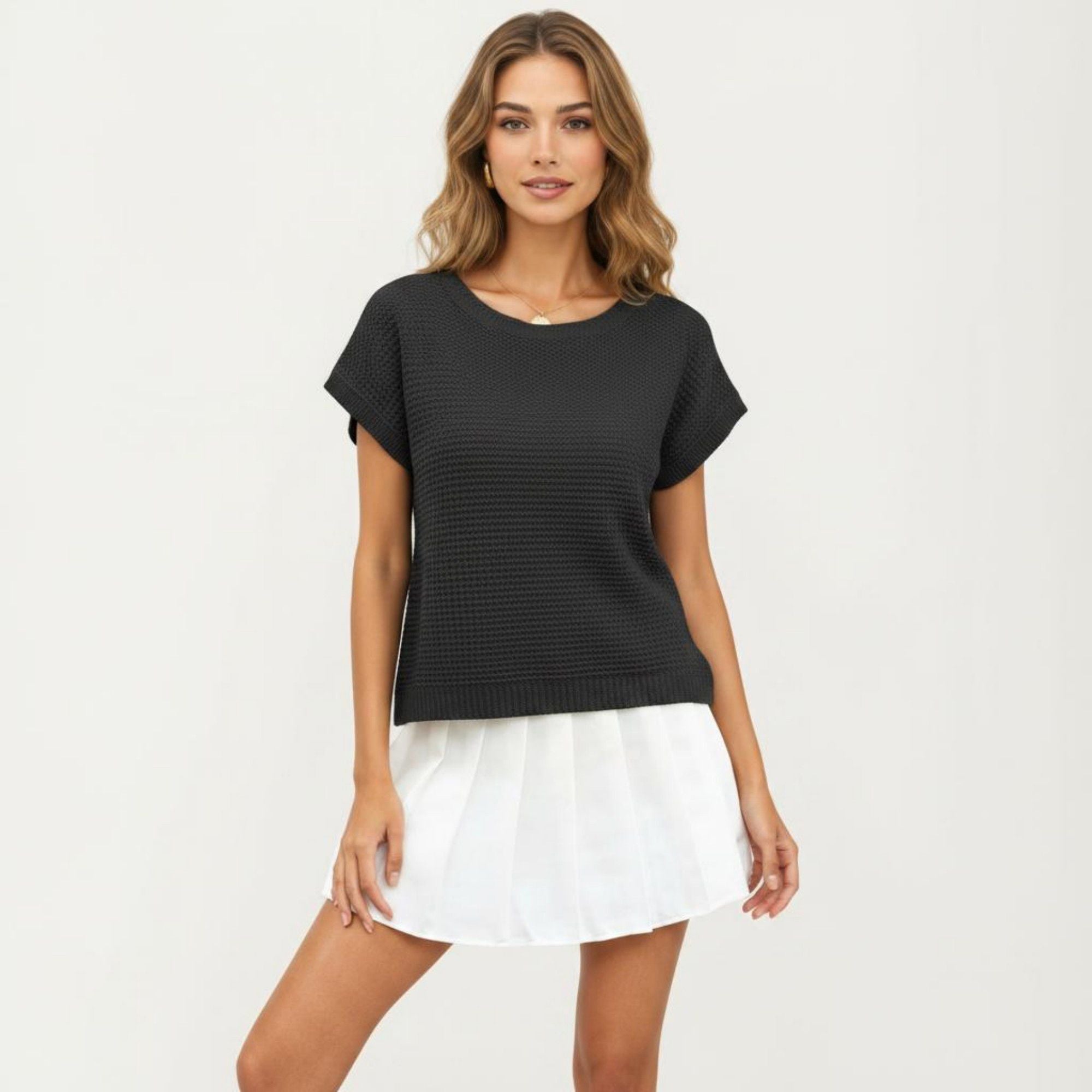 Anna-Kaci Women's Short Sleeve Textured Knit Top with Crew Neck Ribbed Trim and Relaxed Fit
