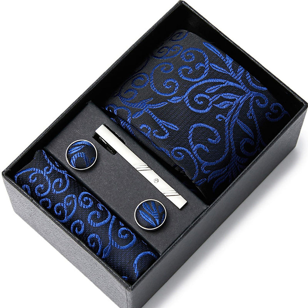 Men's Baroque Floral Tie Gift Set with Matching Pocket Square Cufflinks and Silver Tie Clip