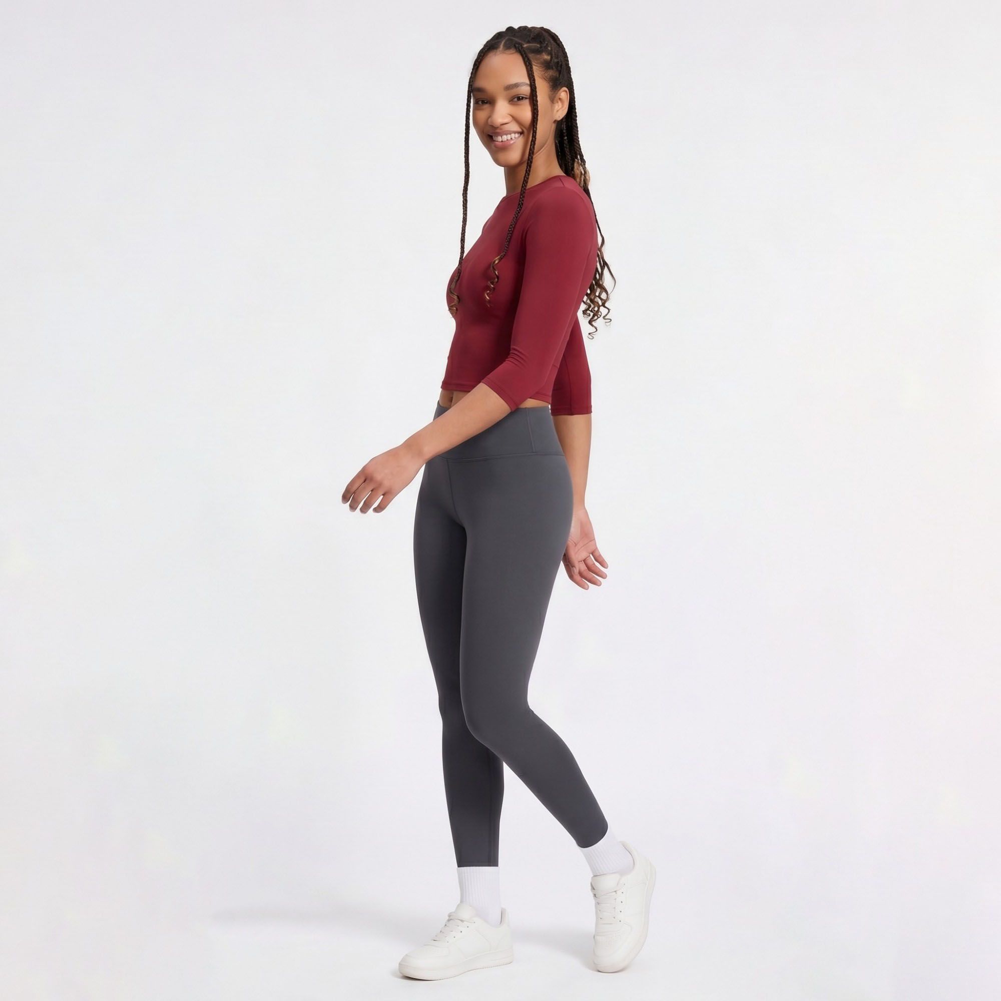 Elbow Sleeve Workout Top Crew Neck Fitted Crop Yoga Activewear Shirt