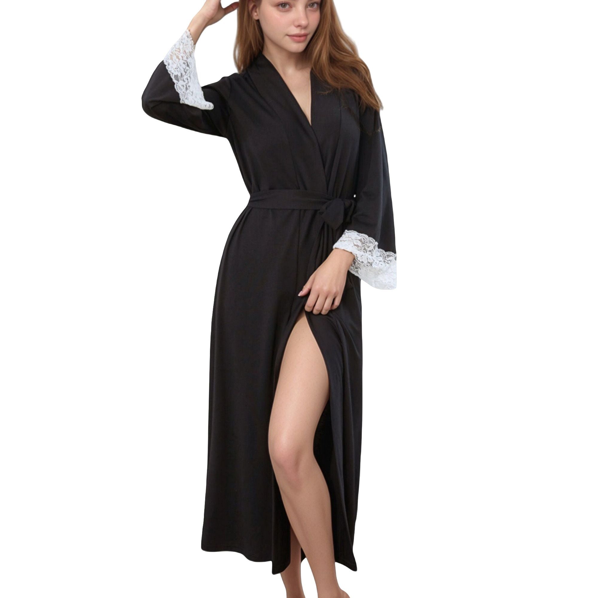 Anna-Kaci Lounge Women's Long Wrap Robe with Waist Tie and Contrast Lace Trim Sleeves