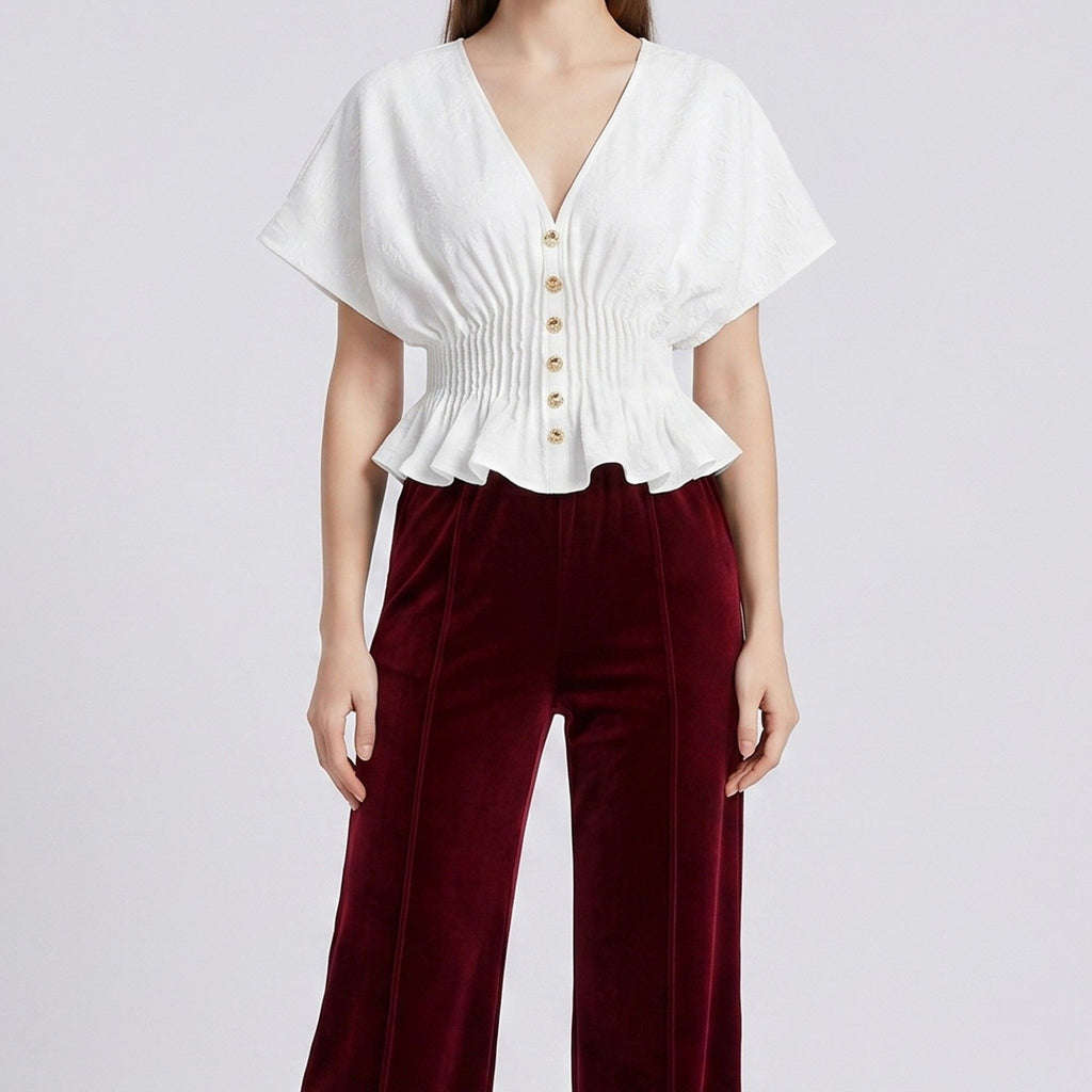 Anna-Kaci Women's V Neck Button Front Peplum Blouse with Smocked Waist Short Flutter Sleeves and Textured Fabric