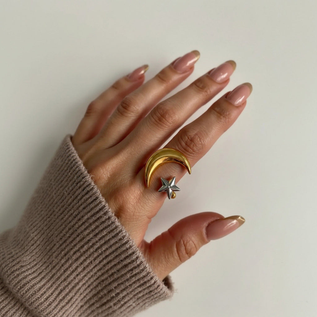 Moon and Star Adjustable Mixed Metal Statement Ring