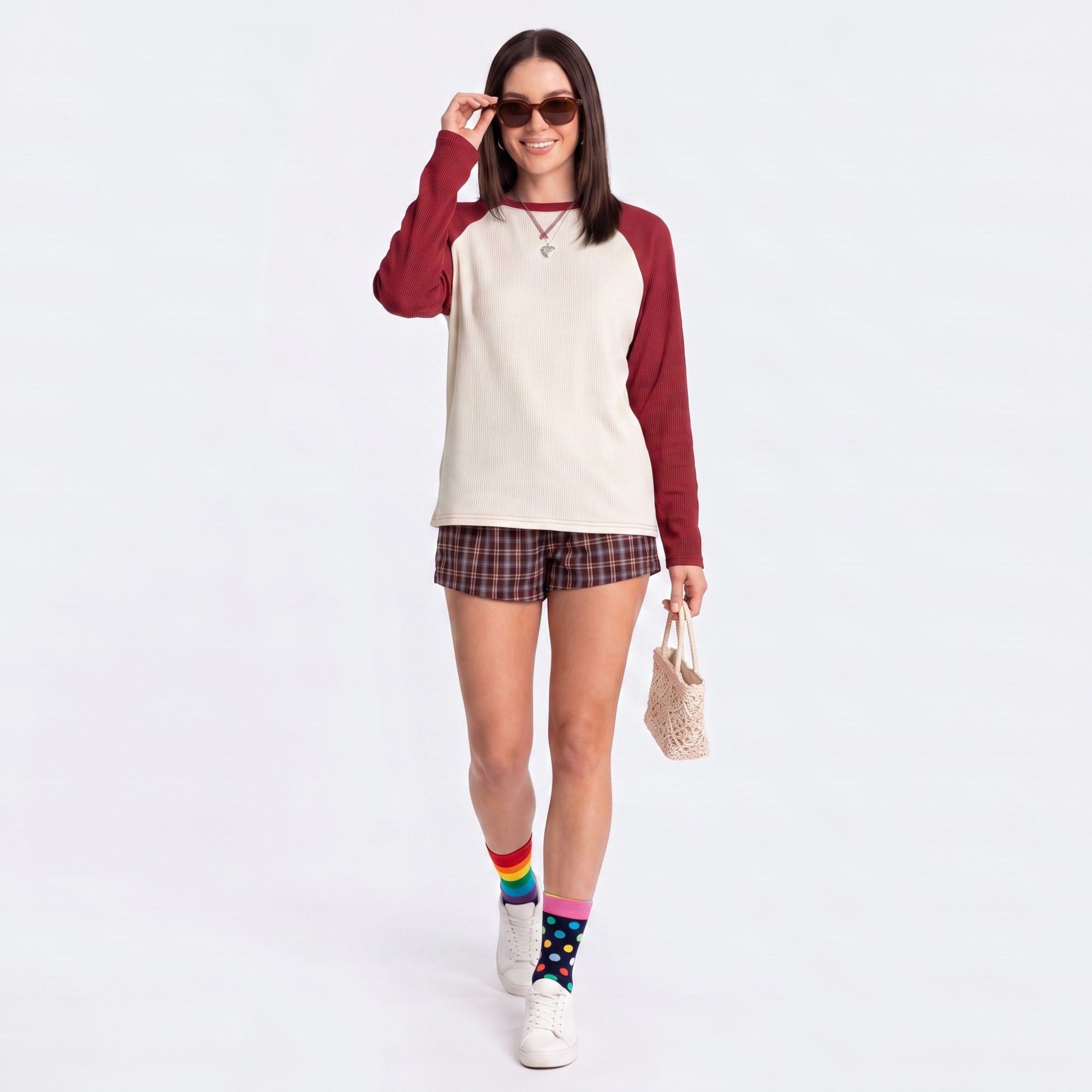 Colorblock Waffle Knit Raglan Long Sleeve Top