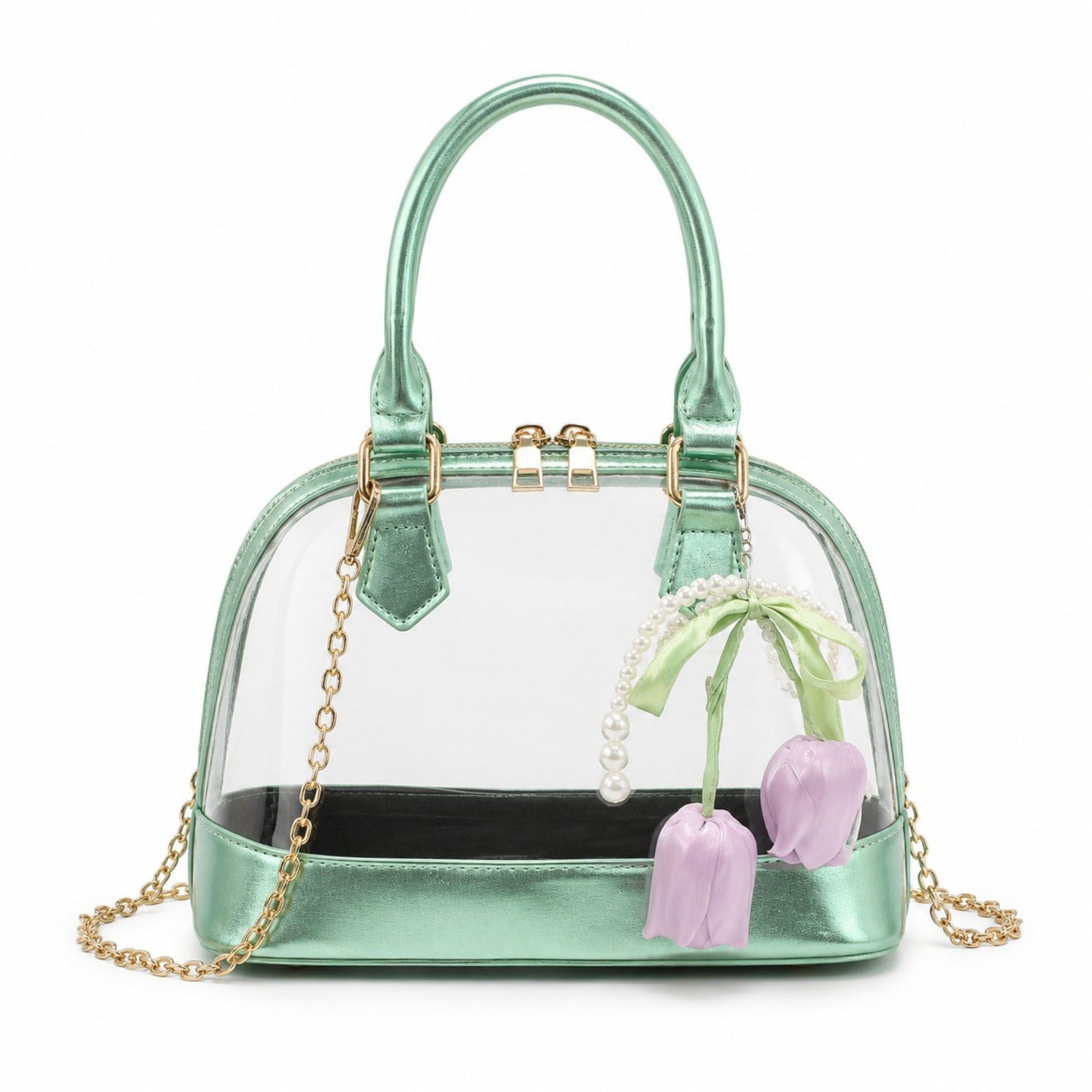 Clear PVC Mini Satchel Bag with Chain Strap and Floral Pearl Charm
