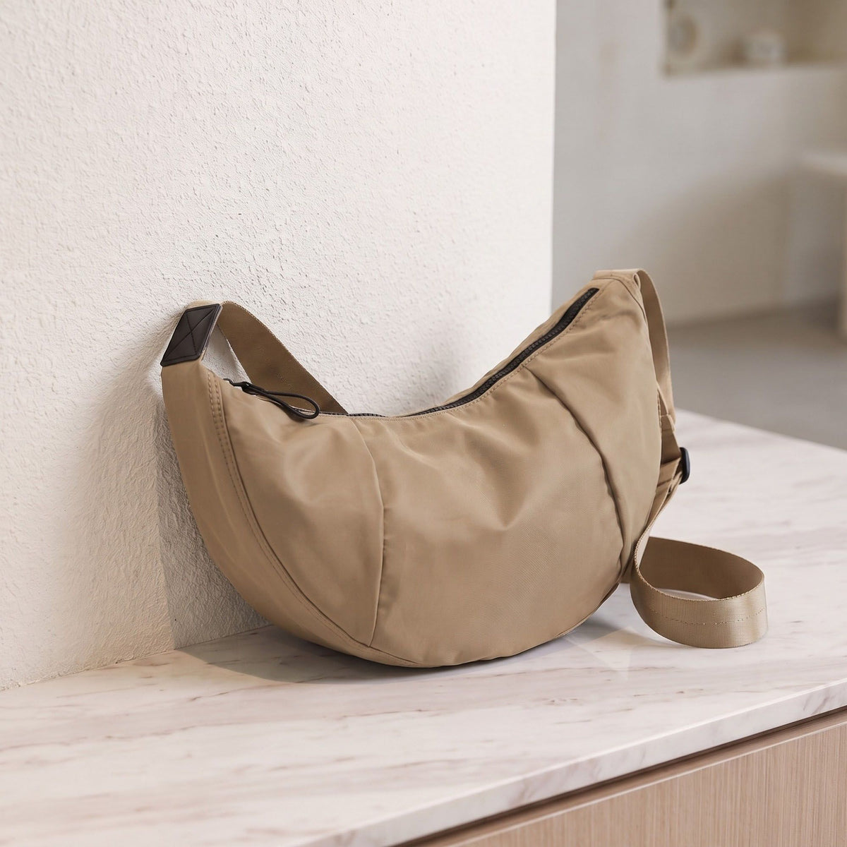 Nylon Crescent Shoulder Bag with Adjustable Strap and Double Zip Closure