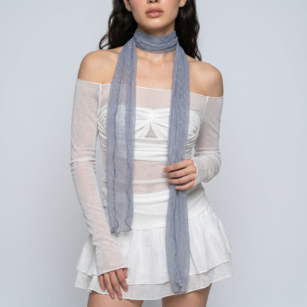 Sheer Crinkle Skinny Scarf with Raised Dot Texture and Long Neck Tie Design