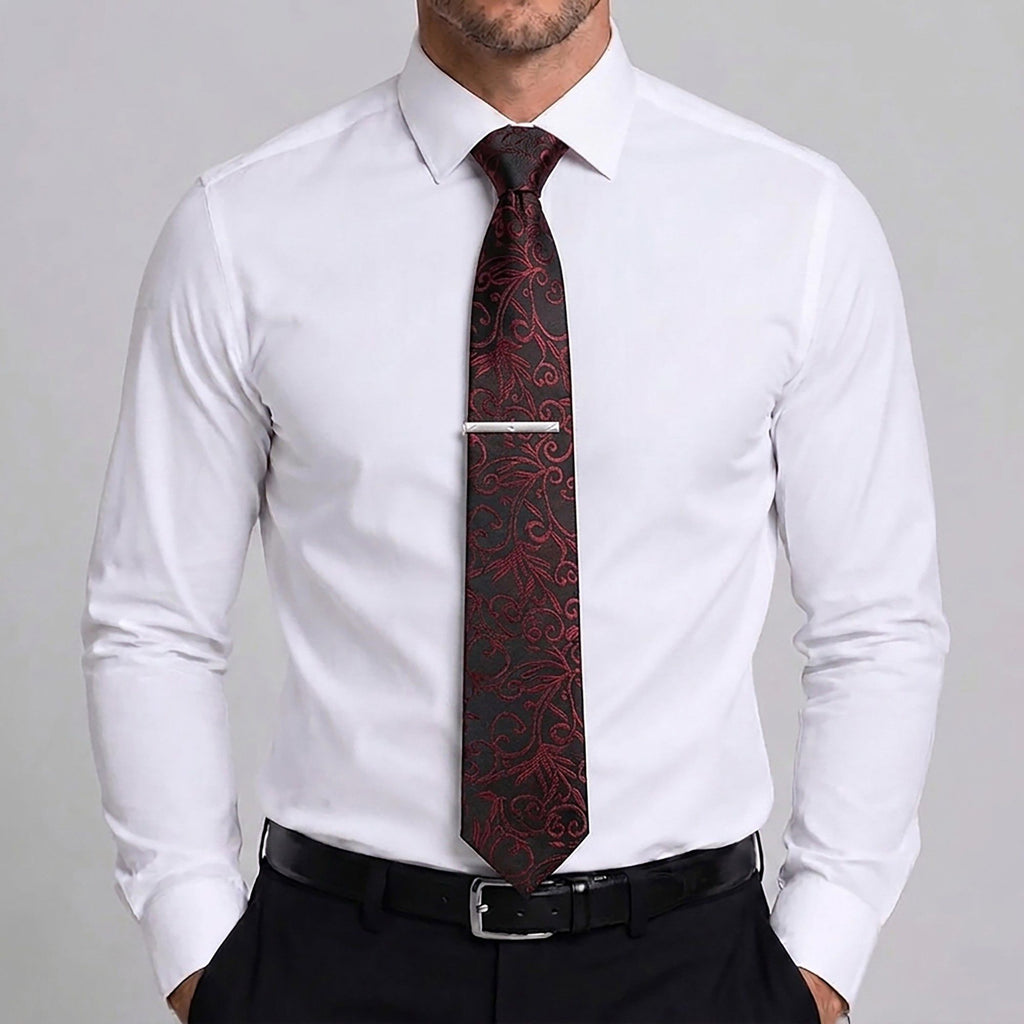Men's Baroque Floral Tie Gift Set with Matching Pocket Square Cufflinks and Silver Tie Clip