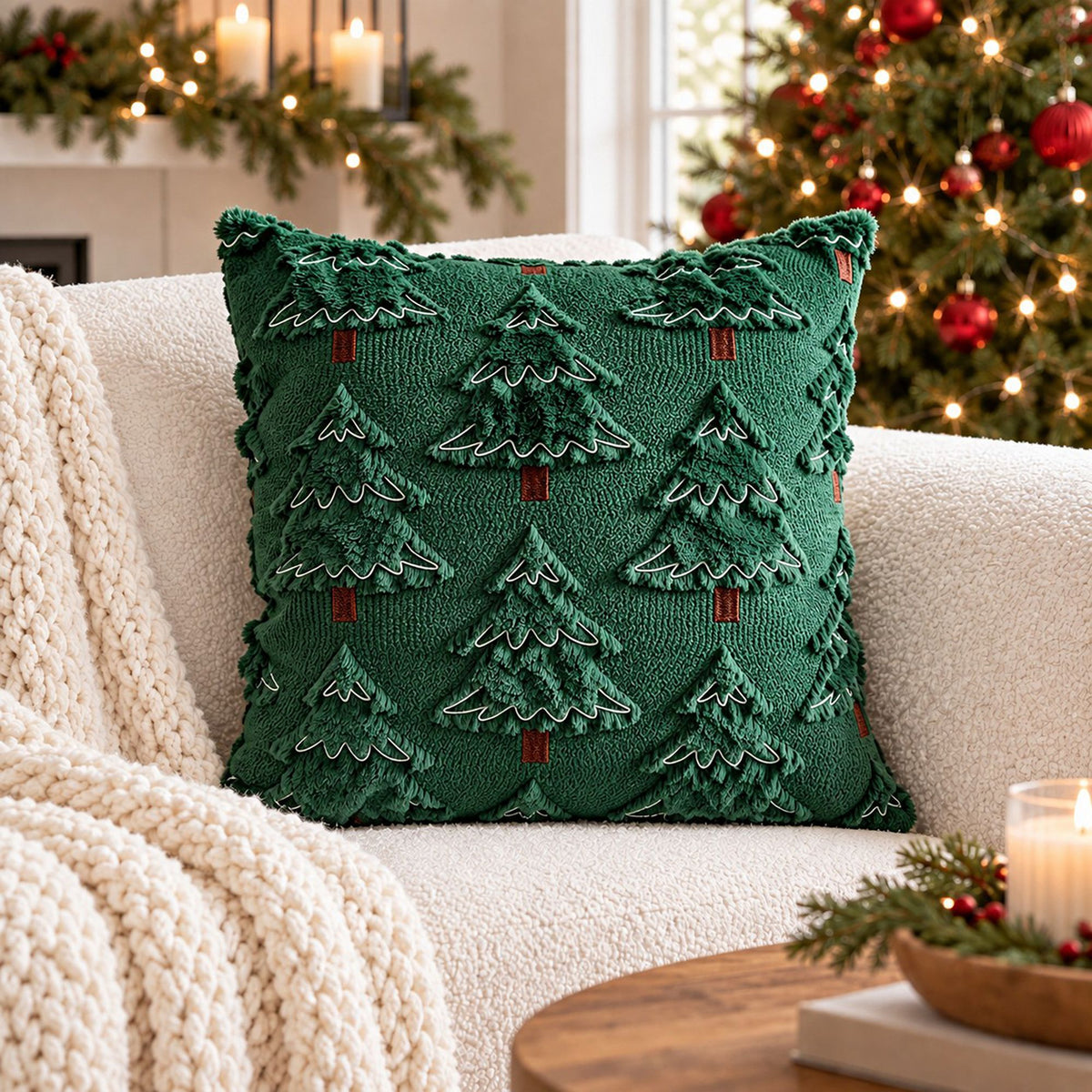 Christmas Tree Bow Tufted Decorative Throw Pillow Cover