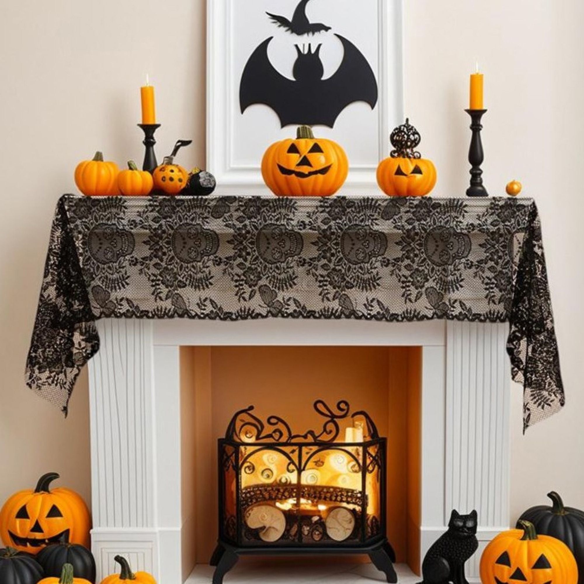 Halloween Black Lace Skull Cutout Table Runner