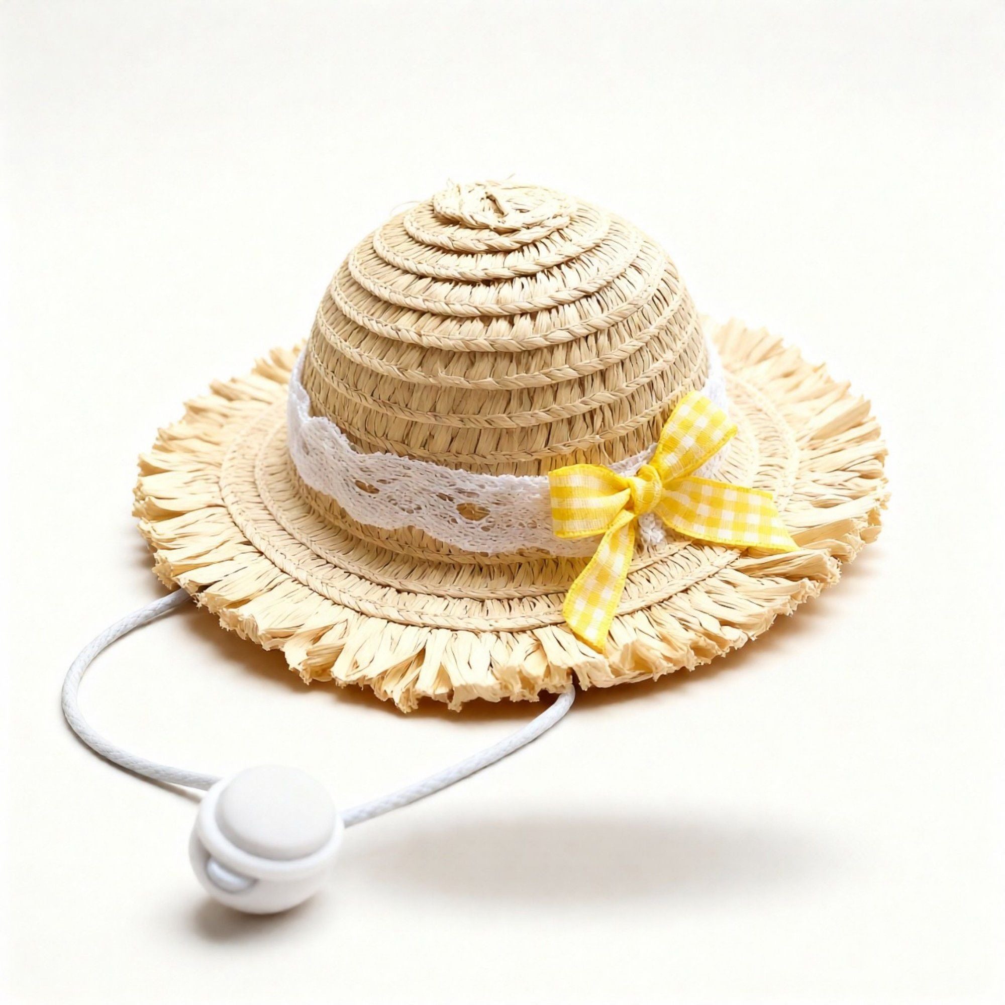 Pet Straw Sun Hat with Lace Trim Bow Adjustable Chin Strap Summer Costume Hat for Cats and Small Dogs