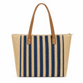 Crochet Look Striped Tote Bag with Faux Leather Shoulder Straps