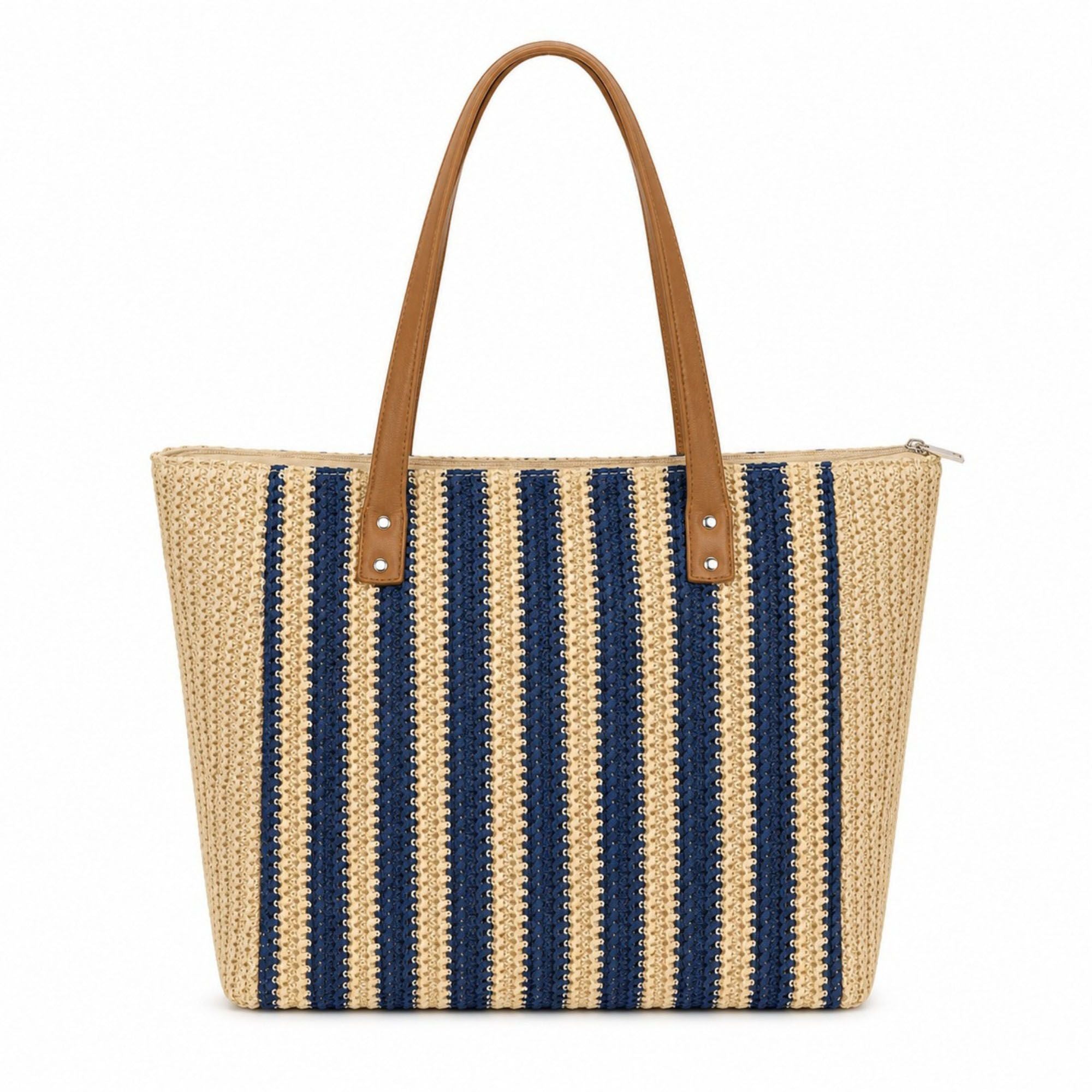 Crochet Look Striped Tote Bag with Faux Leather Shoulder Straps