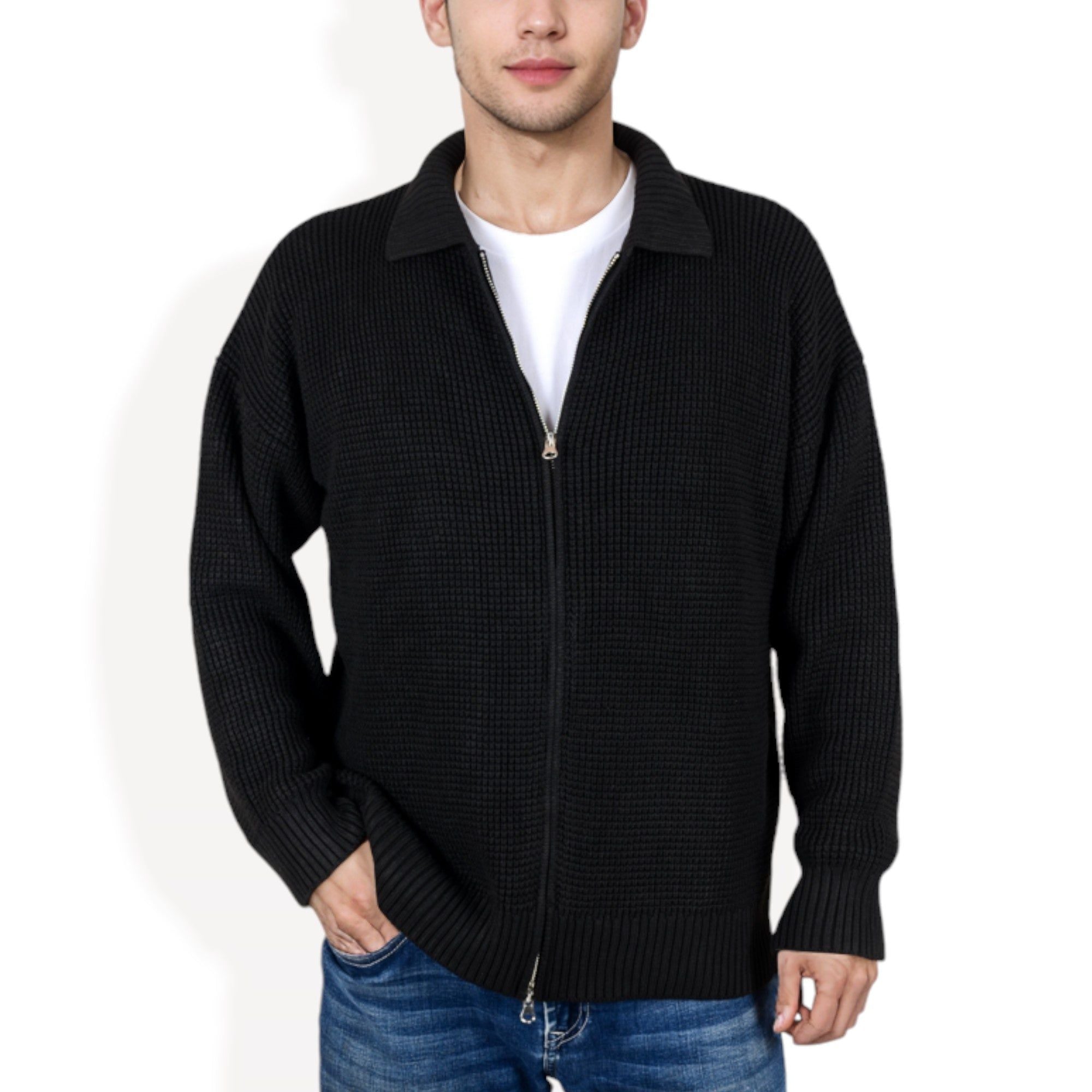 Anna-Kaci Men's Waffle Knit Zip-Up Cardigan with Classic Collar and Relaxed Fit