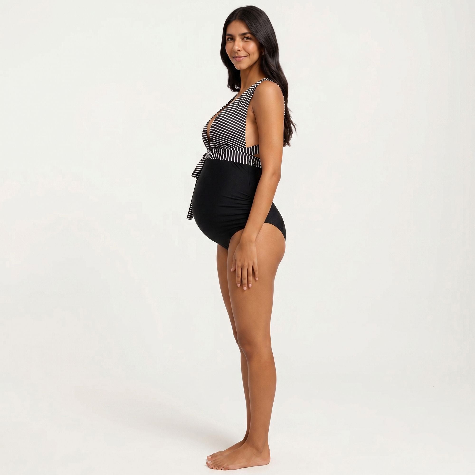 Anna-Kaci Swim Women's Maternity Striped One-Piece Swimsuit with Tie Waist and Deep V-Neckline