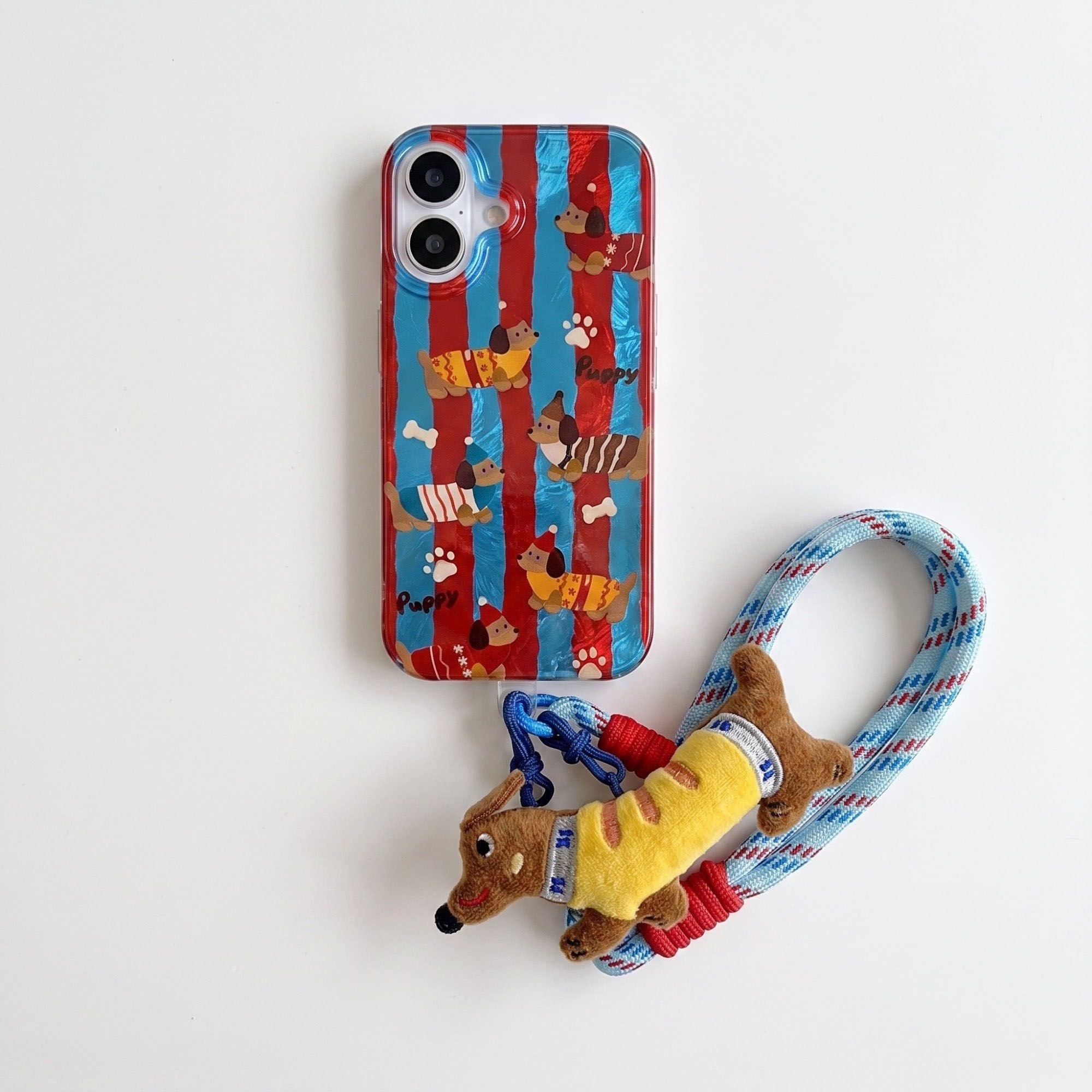 Dachshund Phone Case Wristlet Set Dog Print Case Plush Charm Strap