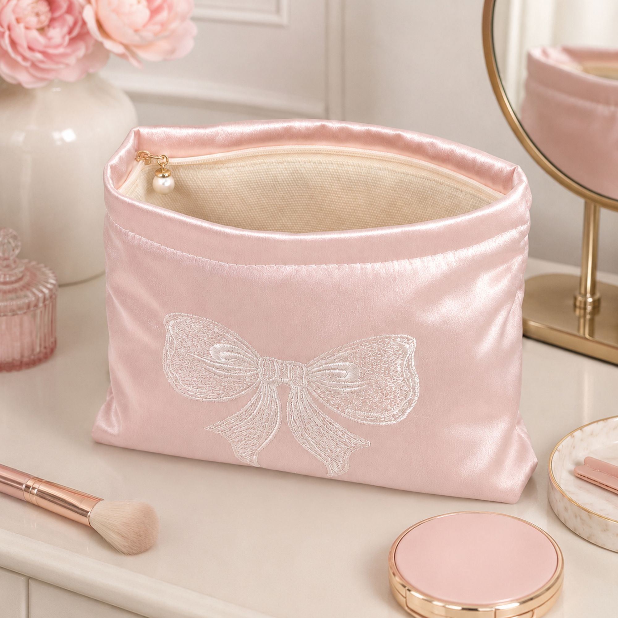 Satin Makeup Bag Bow Embroidered Cosmetic Pouch Travel Toiletry Organizer