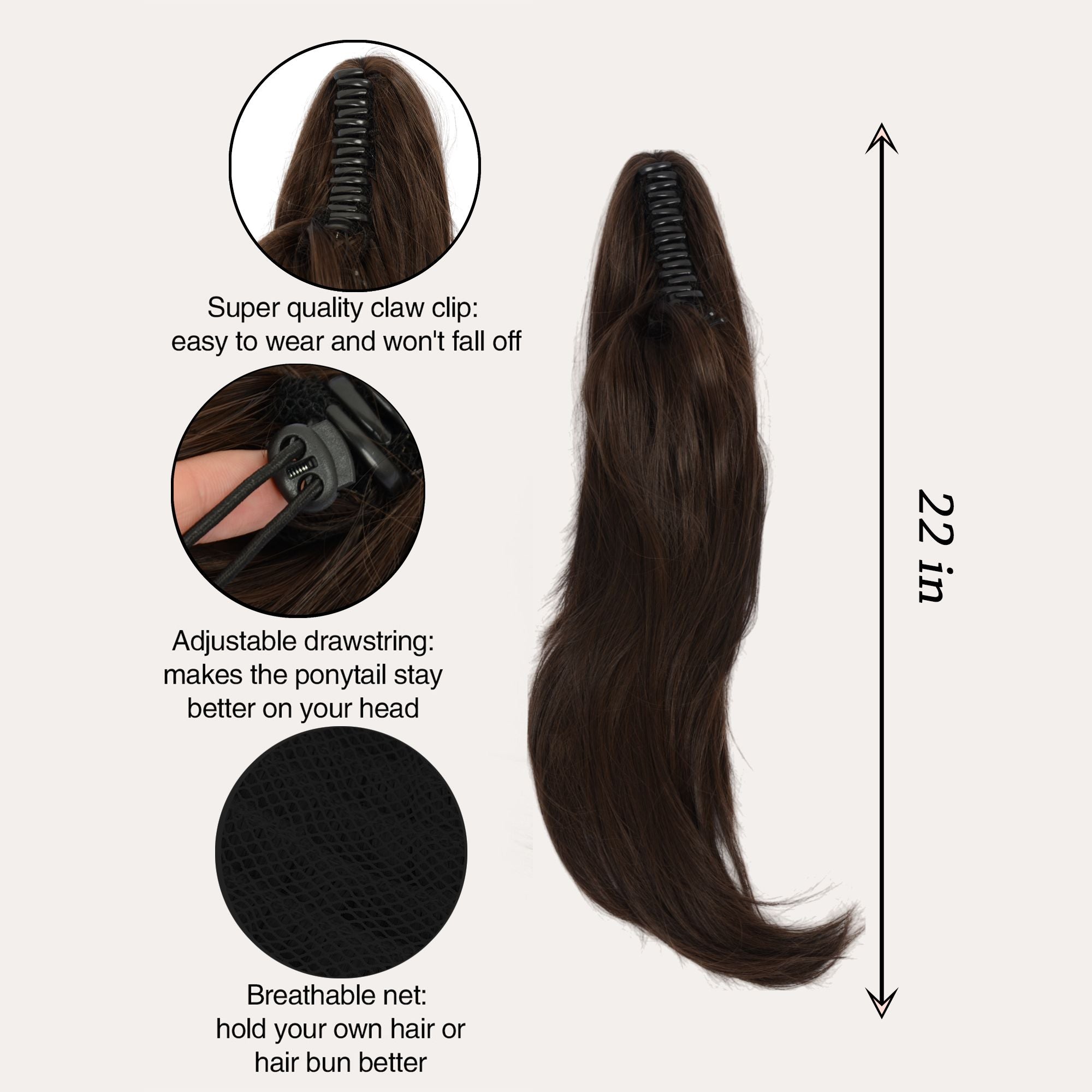 22-Inch Layered Claw Clip Ponytail Extension with Adjustable Drawstring and Breathable Net