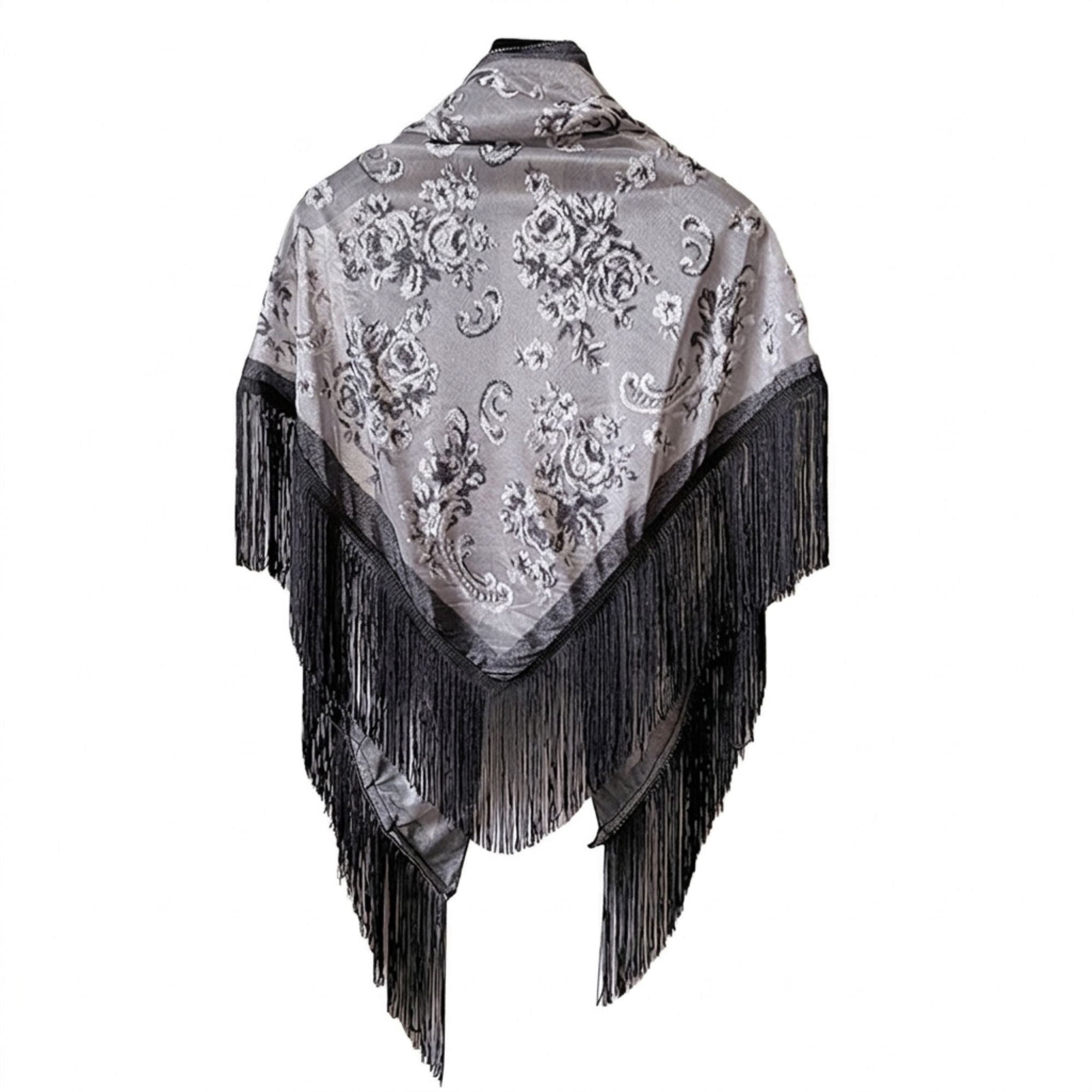 Triangle Shawl Scarf with Floral Jacquard and Fringe Trim