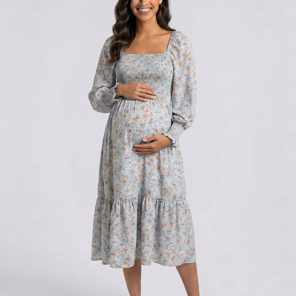Anna-Kaci Women's Maternity Floral Square Neck Midi Dress with Long Sleeves and Smocked Bodice