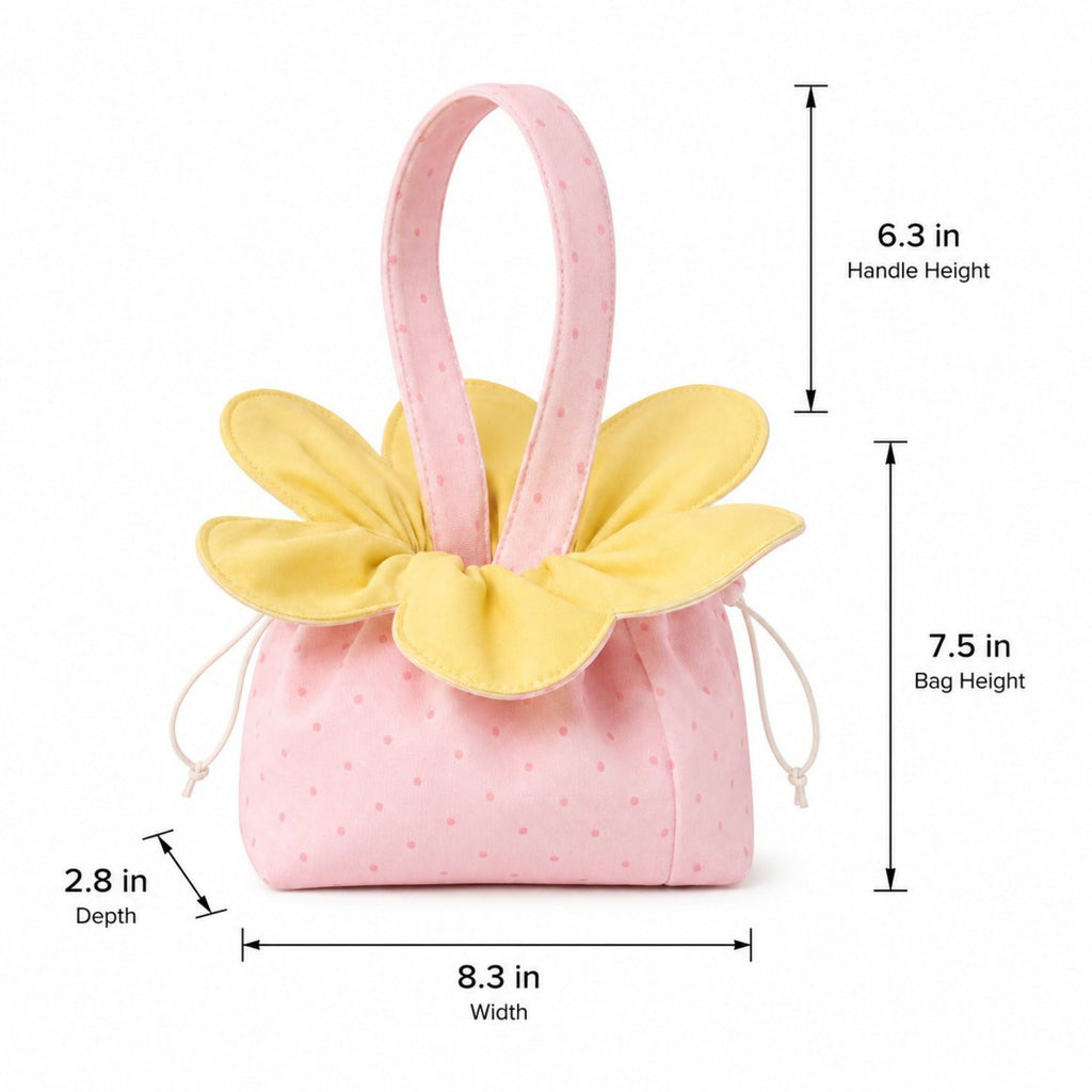 Textured Knit Drawstring Handbag with Floral Petal Trim, Dual Handles and Compact Cosmetic Storage Design