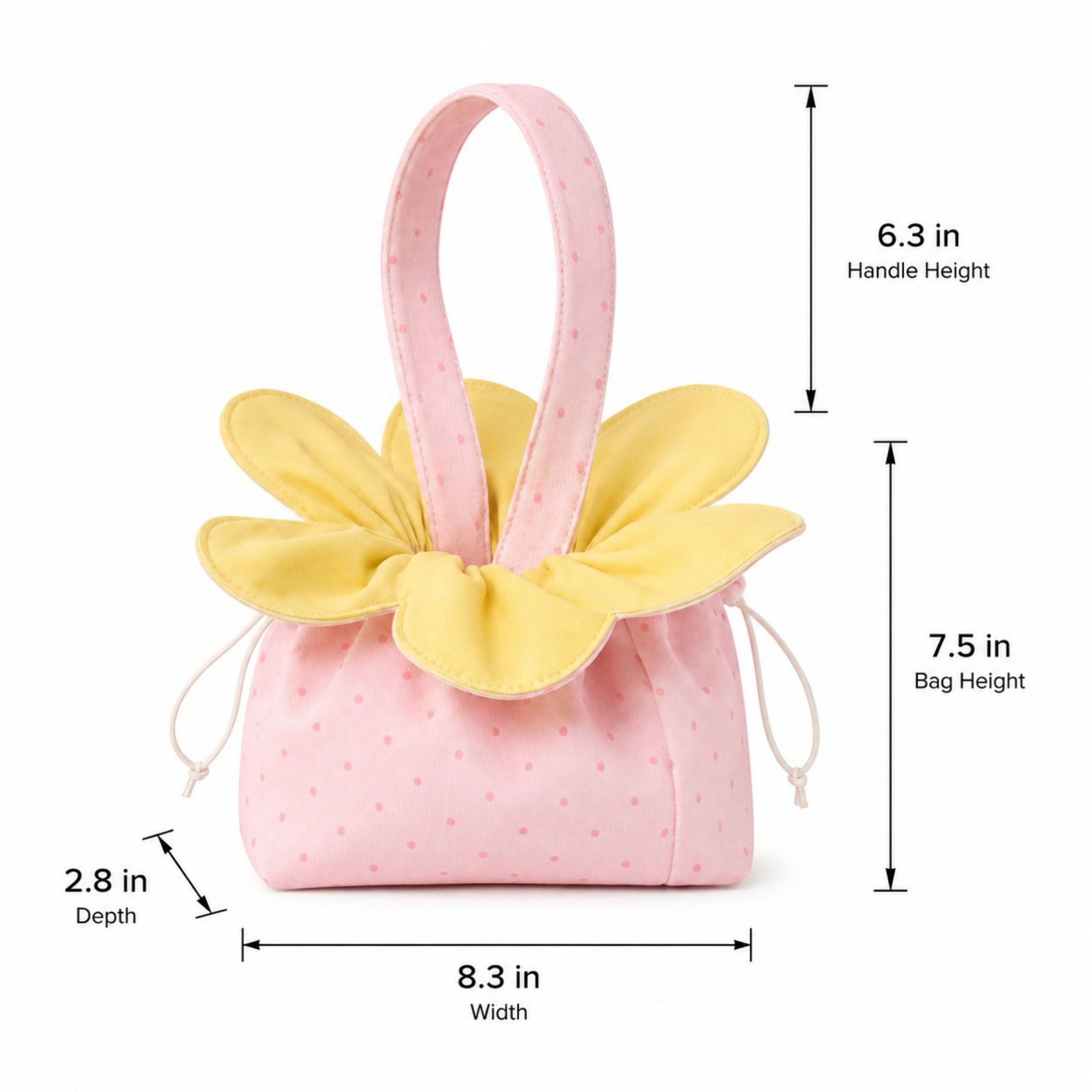 Textured Knit Drawstring Handbag with Floral Petal Trim, Dual Handles and Compact Cosmetic Storage Design