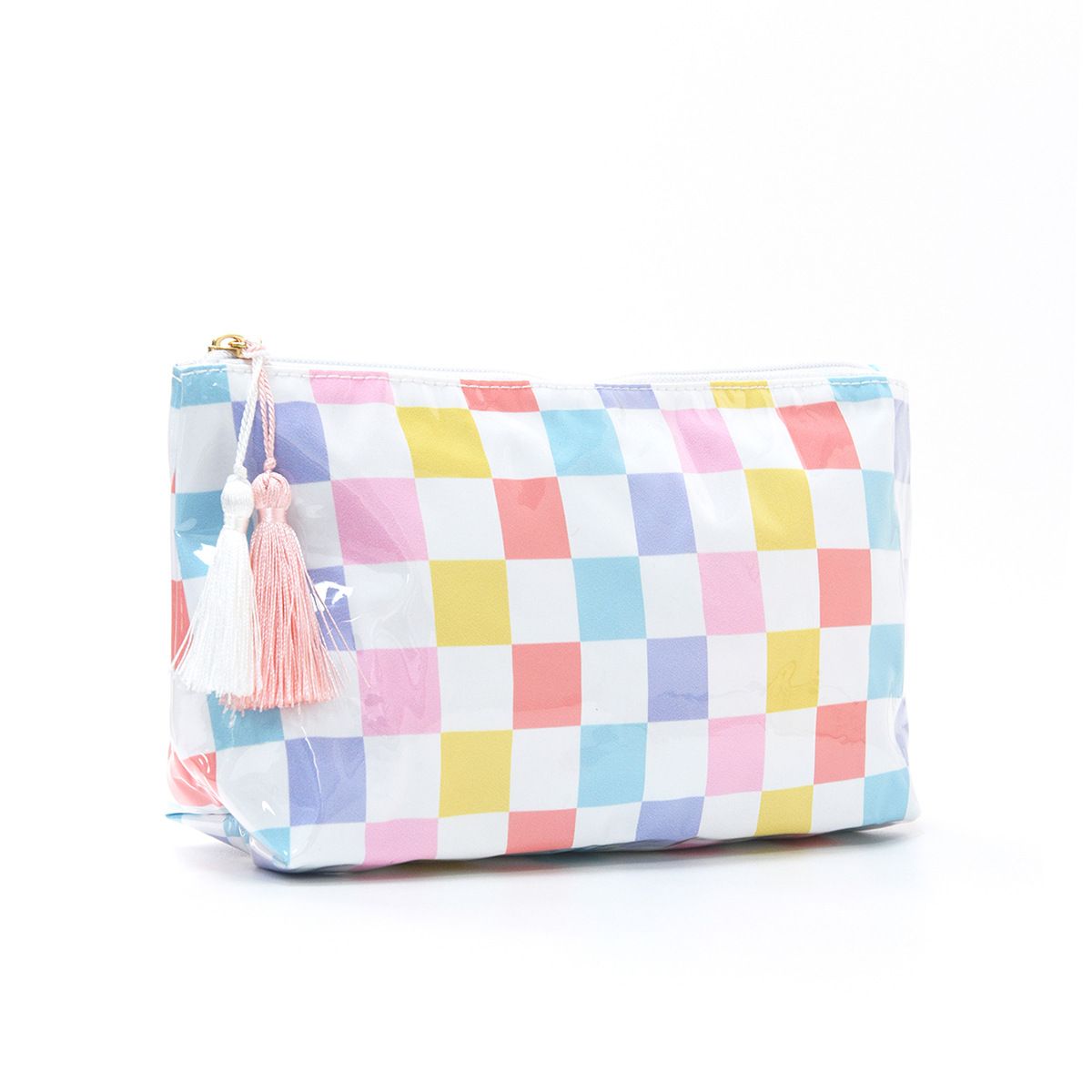 Rainbow Check PVC Cosmetic Pouch Makeup Bag with Zip Closure