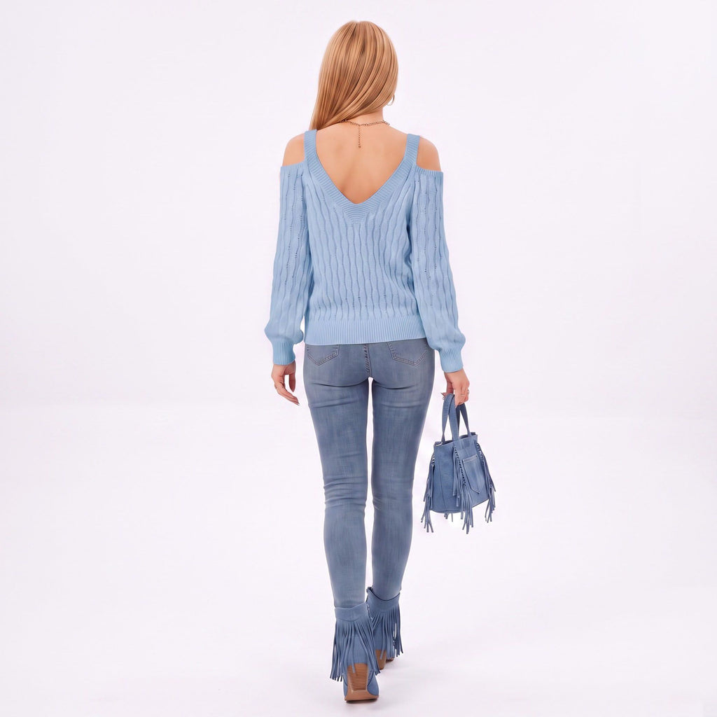 Cold Shoulder V Neck Cable Knit Long Sleeve Sweater