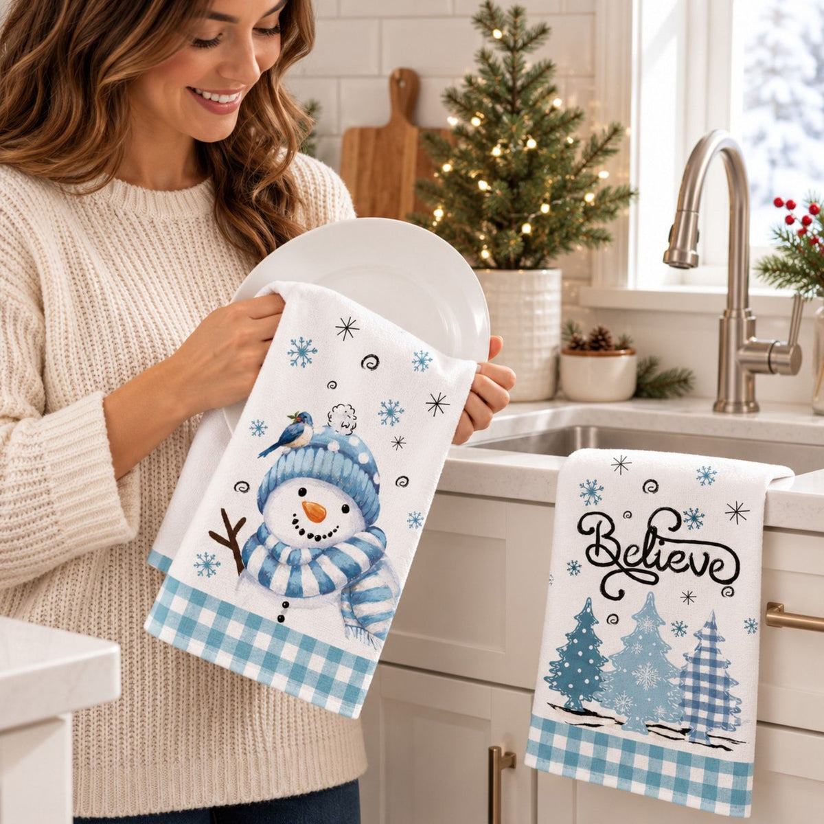 2-Pack Christmas Kitchen Towels 15.7x23.6in, Snowman & Tree Microfiber Holiday Towels
