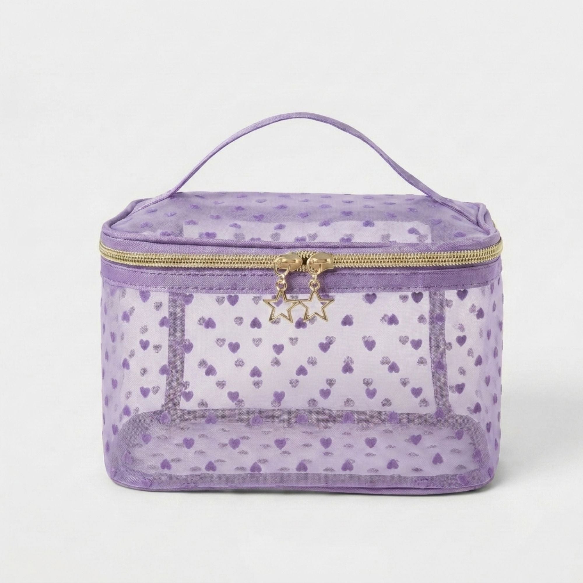 Bolsa de Maquillaje de Malla con Estampado de Corazones, Organizador de Cosméticos y Artículos de Tocador de Viaje Grande con Asa