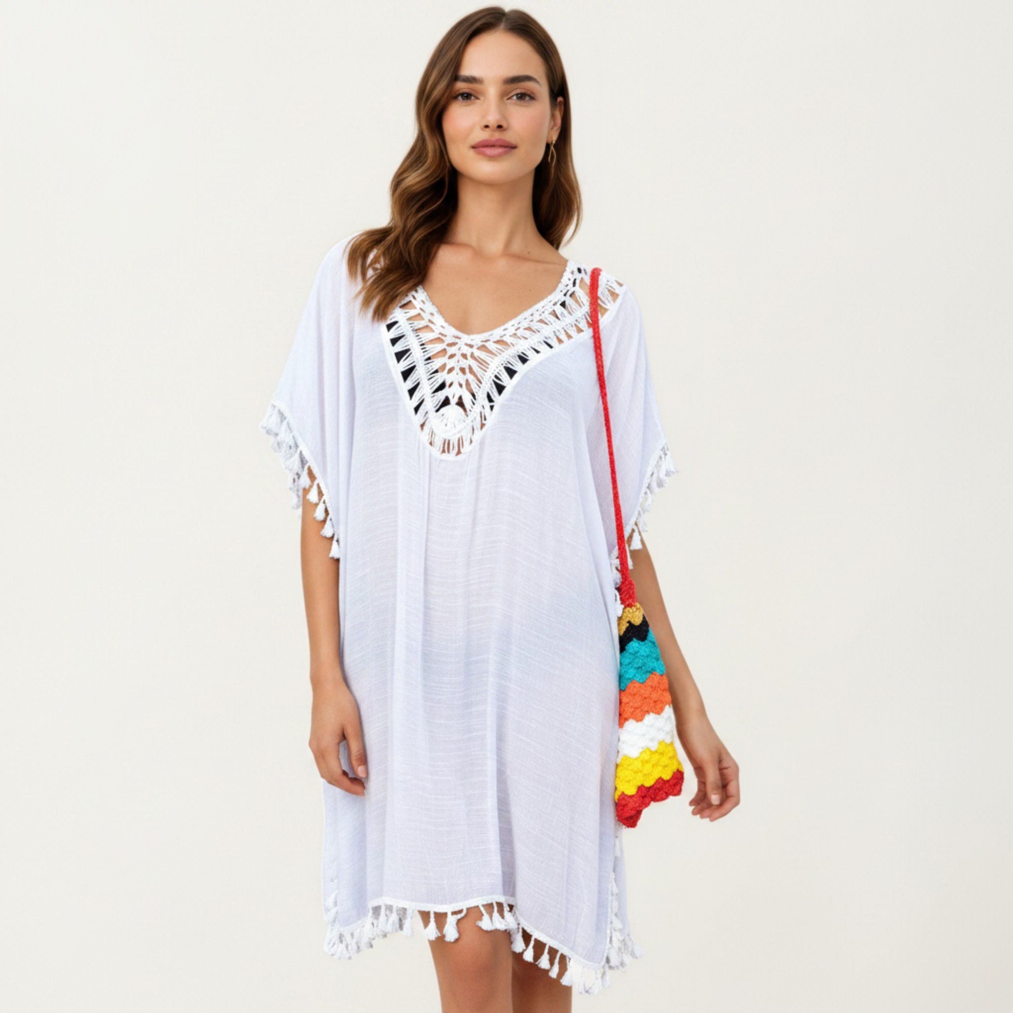Anna-Kaci Women's Sheer Crochet V Neck Swim Cover Up Poncho with Tassel Trim and Flowy Silhouette