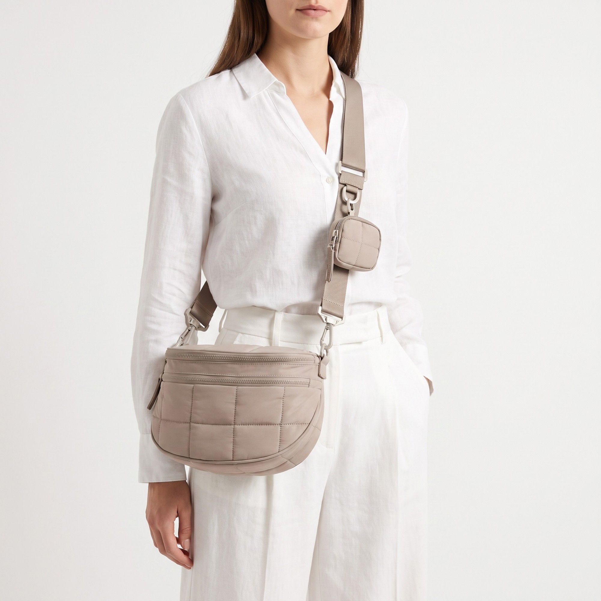 Grid Padded Saddle Crossbody Bag with Detachable Mini Pouch and Adjustable Wide Shoulder Strap 10.2x4.5x8.3in