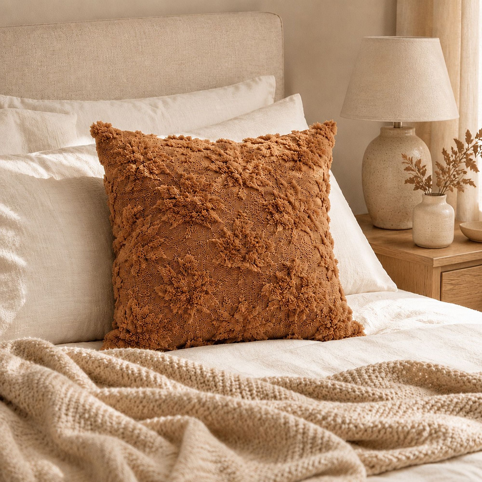 Textured Tufted Botanical Throw Pillow Cover for Couch Bed and Chair