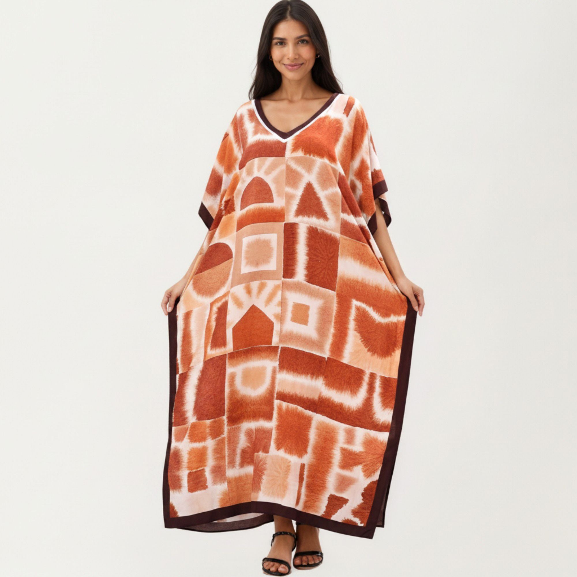 Anna-Kaci Women's Abstract Print Maxi Caftan Dress with V-Neckline Short Sleeves and Relaxed Draped Silhouette