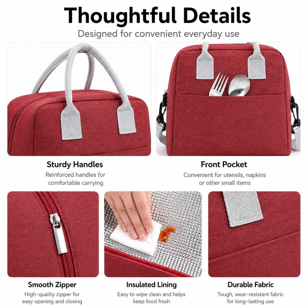 Insulated Lunch Tote Bag with Front Pocket and Adjustable Shoulder Strap
