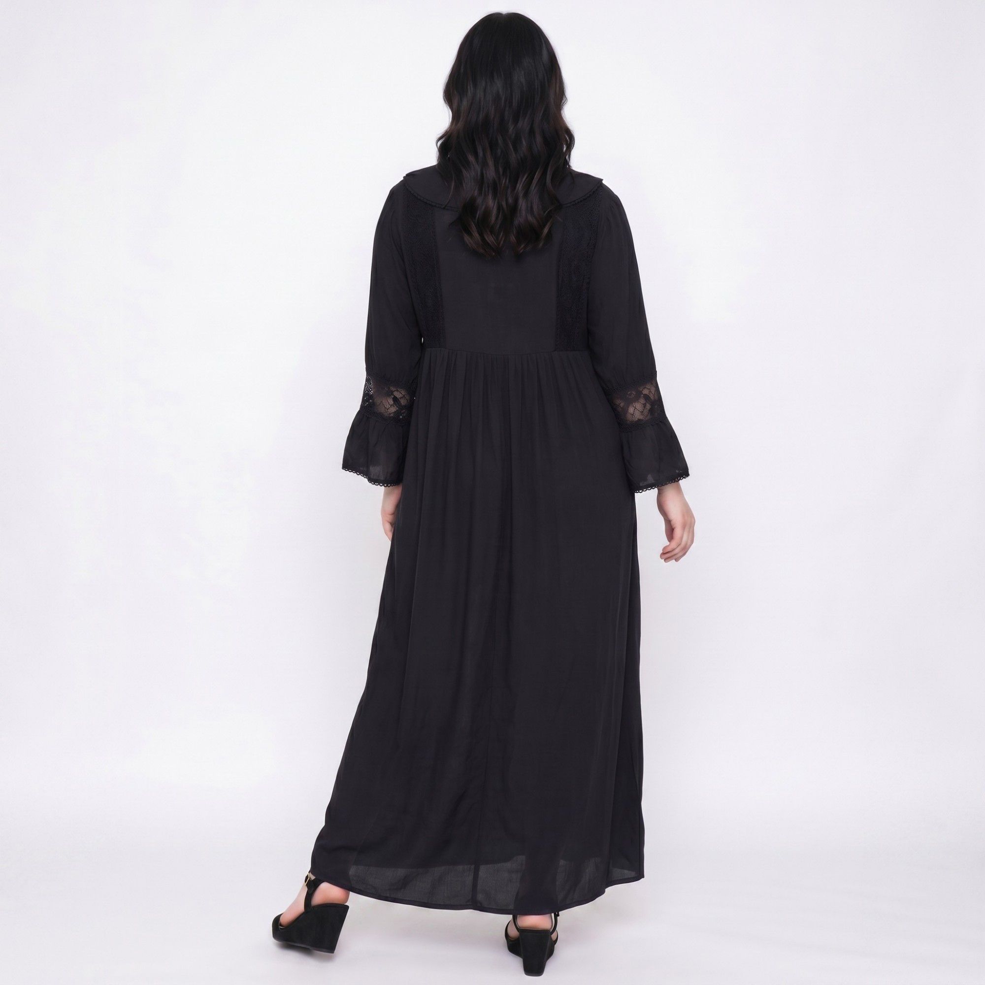 Long Sleeve Button Front Maxi Nightgown Peter Pan Collar Lace Trim Sleep Dress