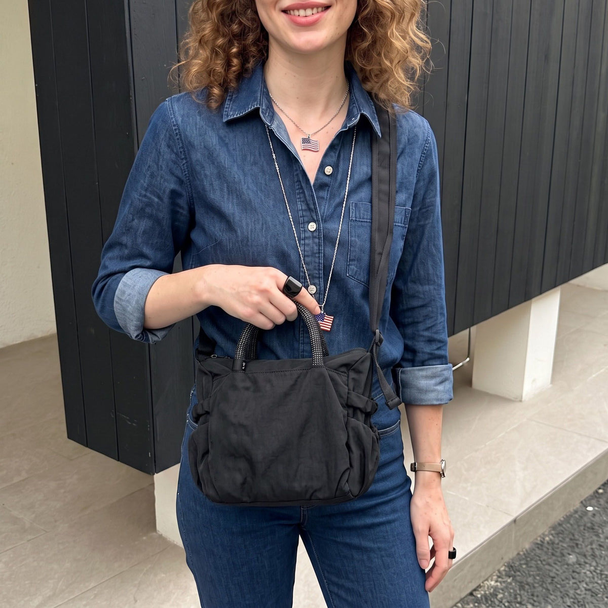 Nylon Crossbody Tote Bag with Top Handles and Multiple Zipper Pockets