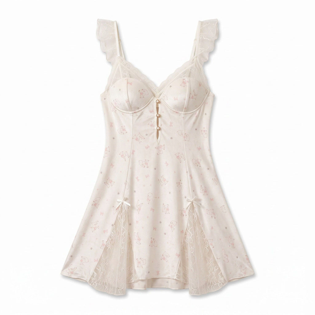 Printed Lace Bustier Keyhole Chemise Nightgown